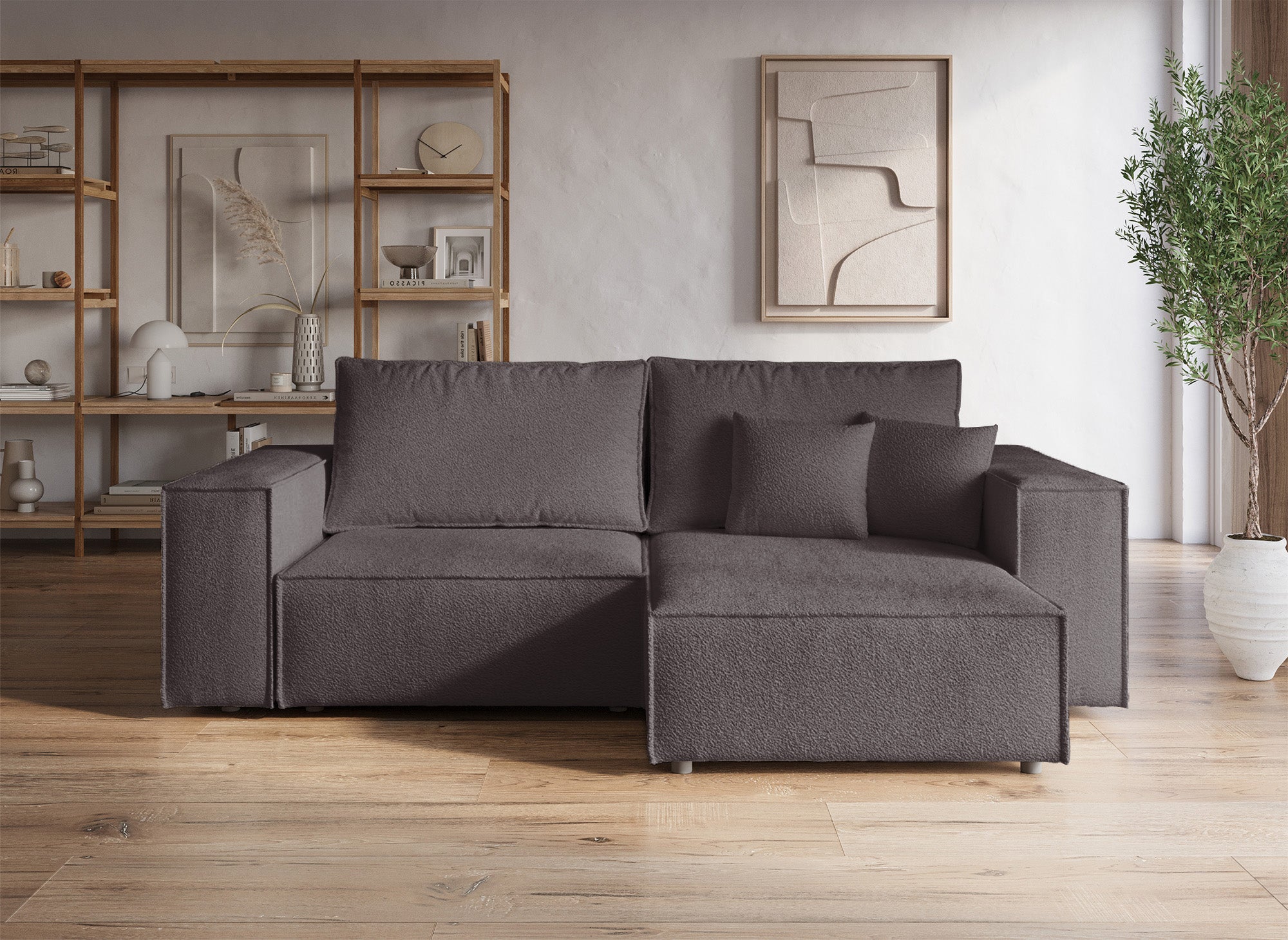 Sofá esquinero convertible y reversible con almacenaje en tela bouclé marrón JADE MINI