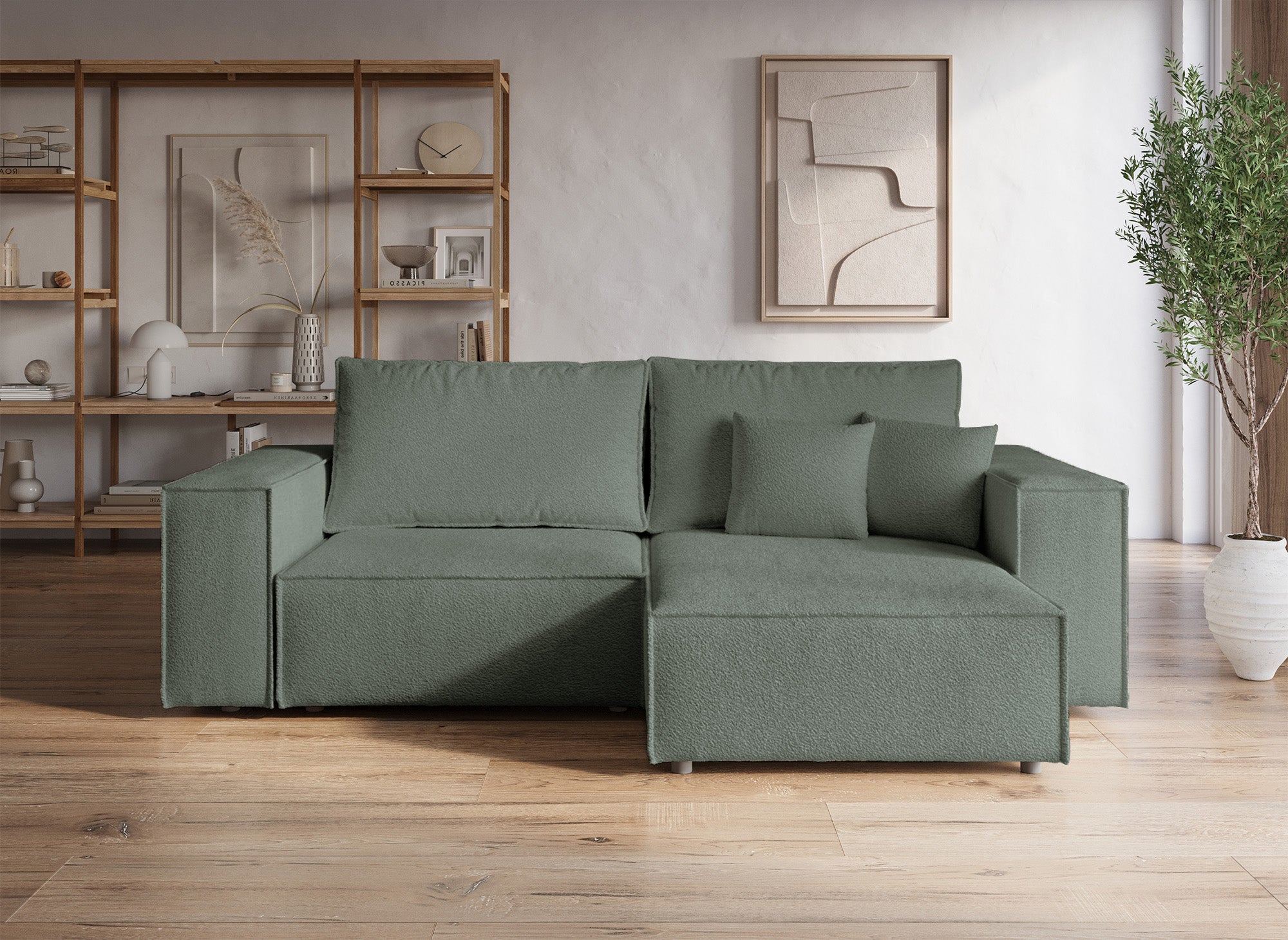 Sofá esquinero convertible y reversible con almacenaje en tejido bouclé verde caqui JADE MINI