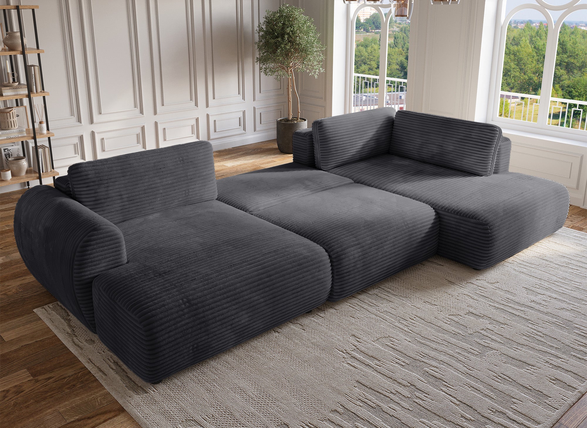 Sofá cama panorámico convertible TILDA con almacenaje en terciopelo de pana gris - Esquina derecha