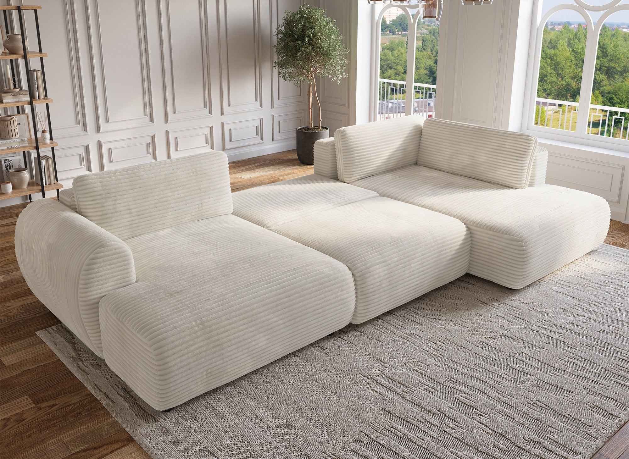 Sofá cama panorámico convertible TILDA con almacenaje en terciopelo de pana beige - Esquina derecha