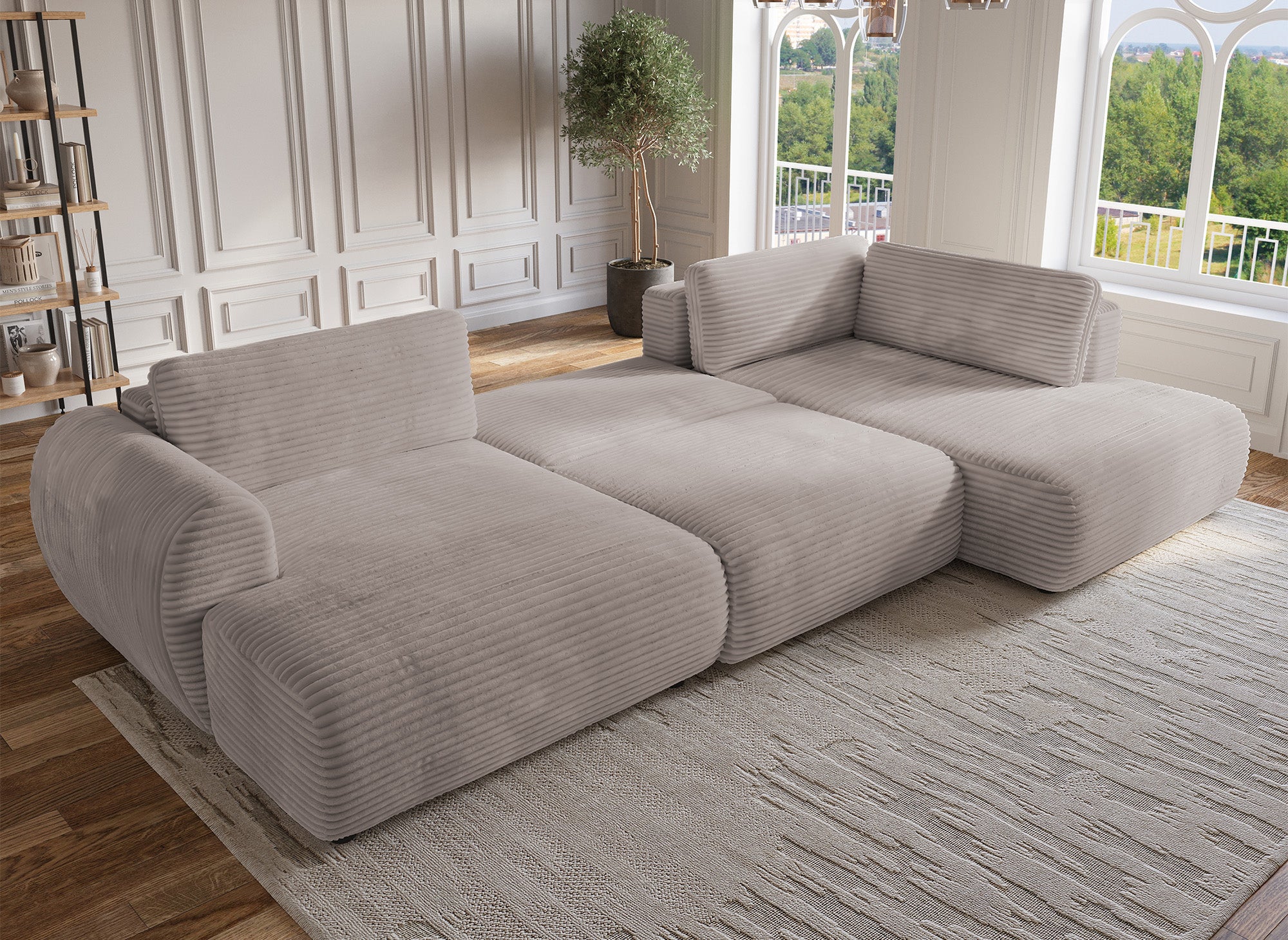 Sofá cama panorámico convertible TILDA con almacenaje en terciopelo de pana color topo - Esquina derecha