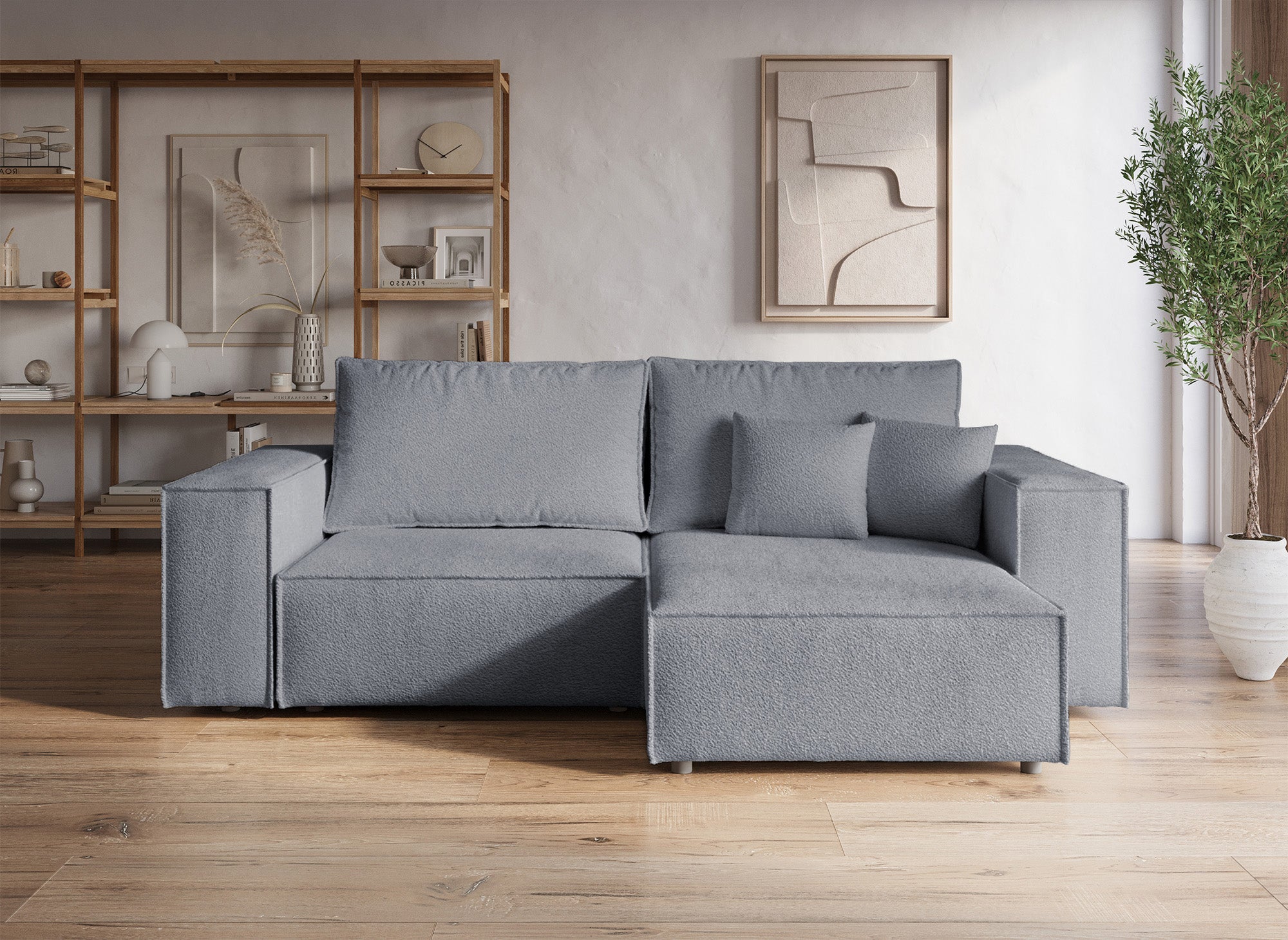 Sofá esquinero convertible y reversible con almacenaje en tejido bouclé gris antracita JADE MINI