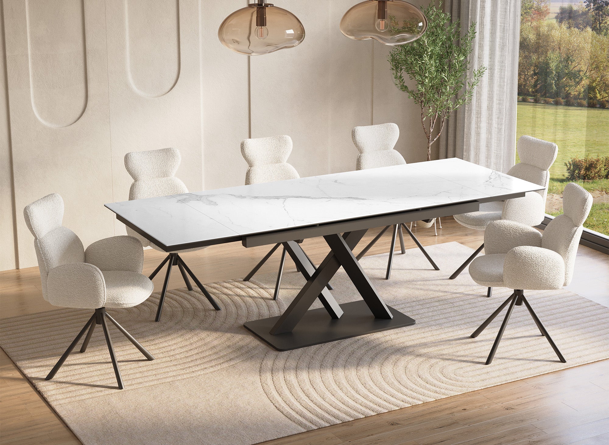 Mesa de comedor extensible ELEGANCE de cerámica blanca para 6-10 personas