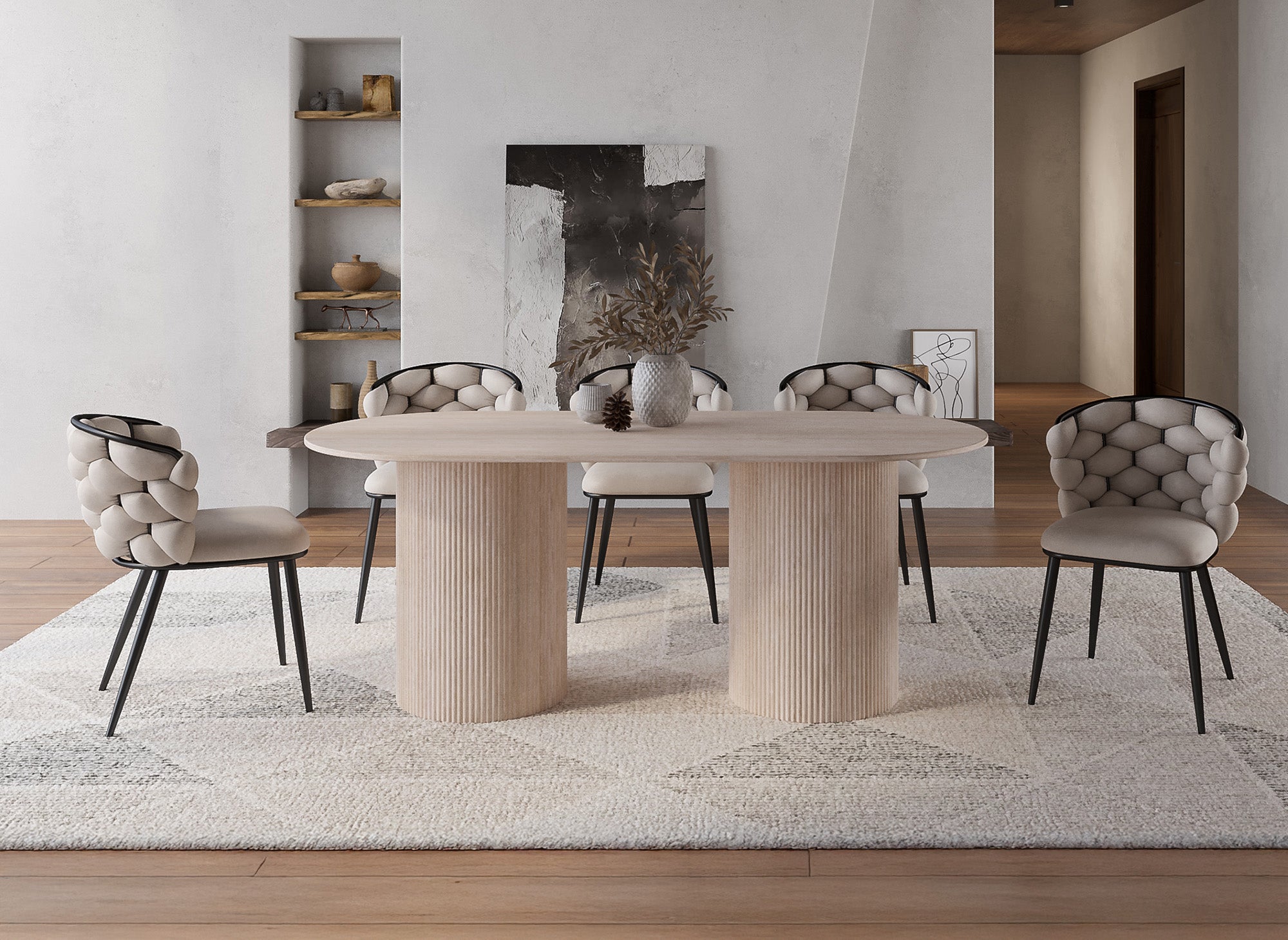 Mesa de comedor ovalada DHARA en mármol compuesto beige para 8 personas
