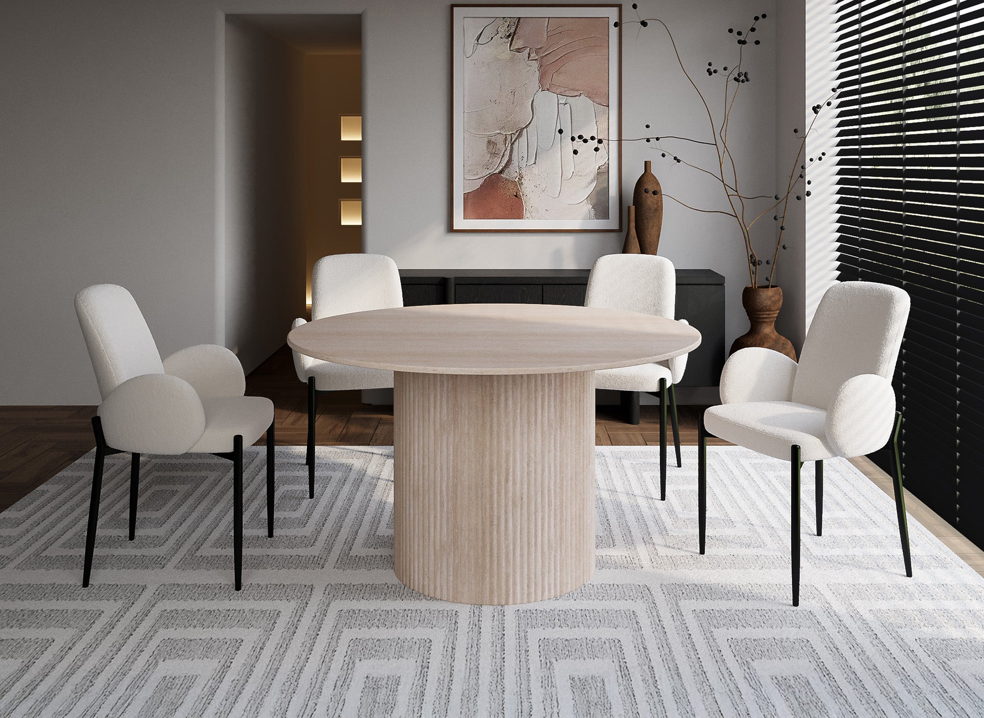 Mesa de comedor redonda DHARA en mármol compuesto beige para 4 personas