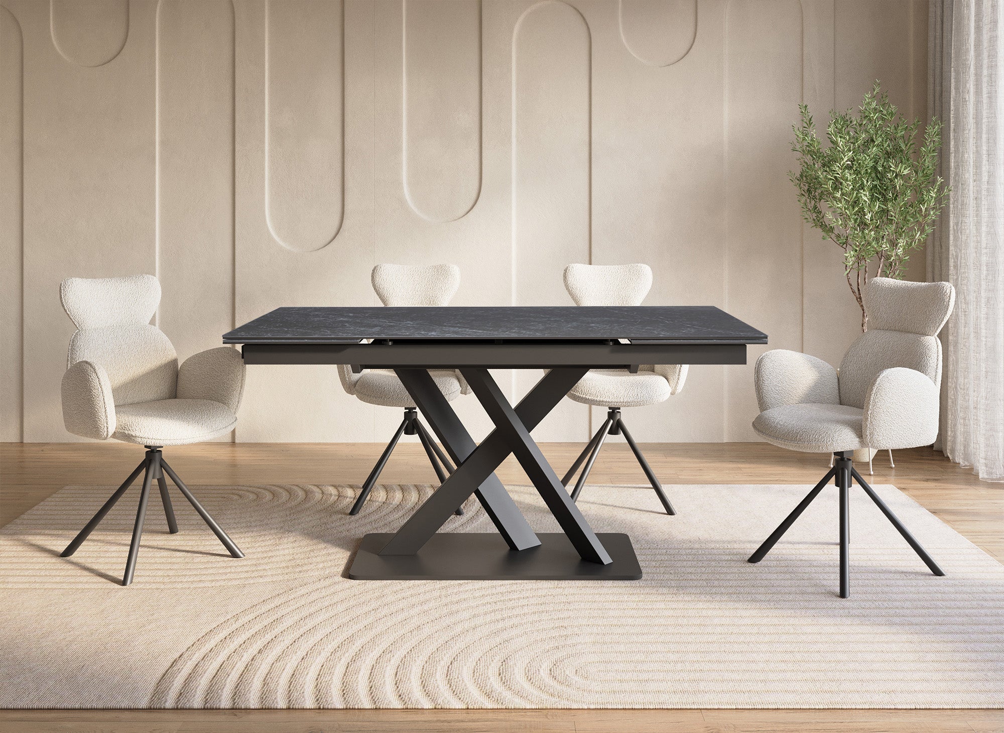 Mesa de comedor extensible ELEGANCE de cerámica negra para 6-10 personas