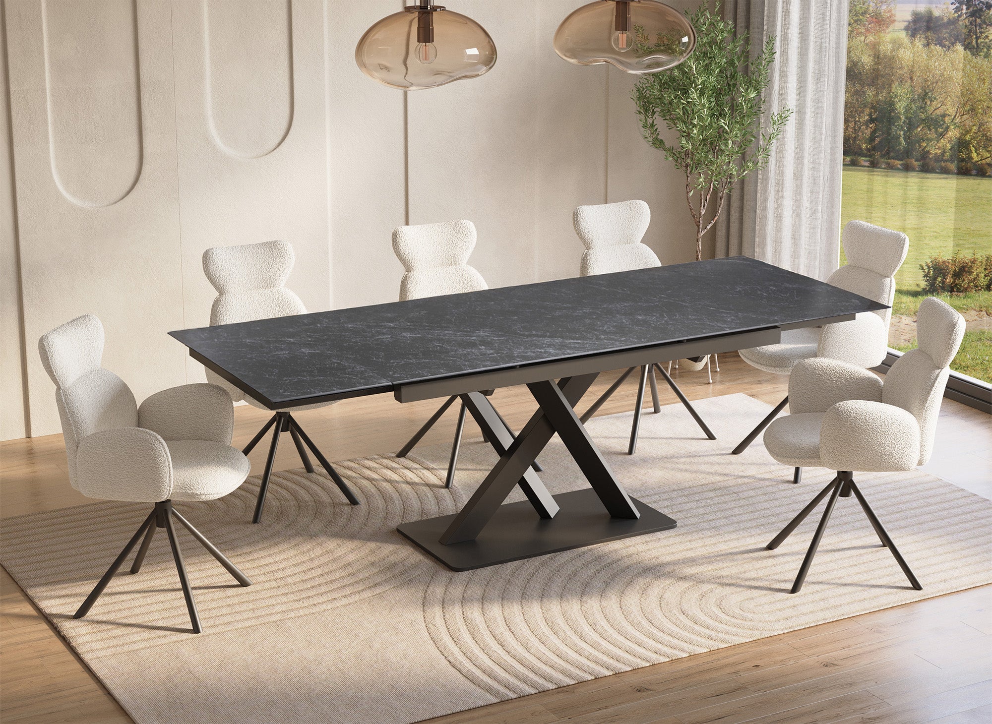 Mesa de comedor extensible ELEGANCE de cerámica negra para 6-10 personas
