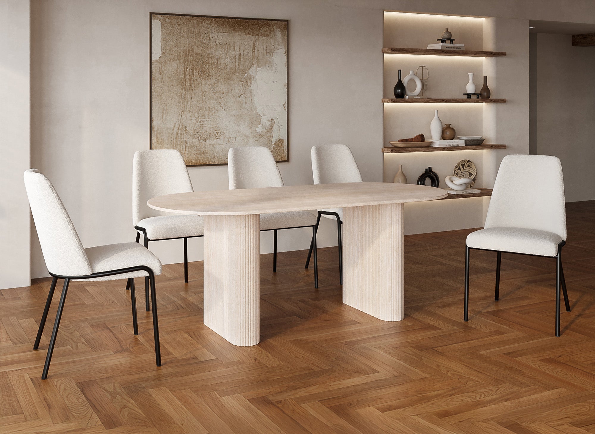 Mesa de comedor ovalada ELMA en mármol compuesto beige para 8 personas