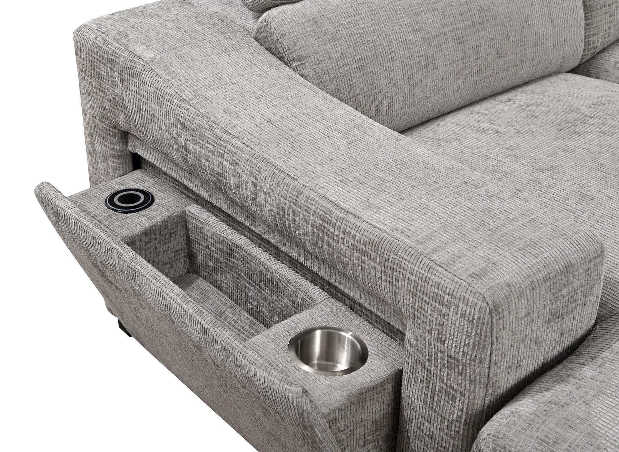 Sofá cama panorámico convertible VELORA con 2 compartimentos de almacenamiento en terciopelo gris jaspeado