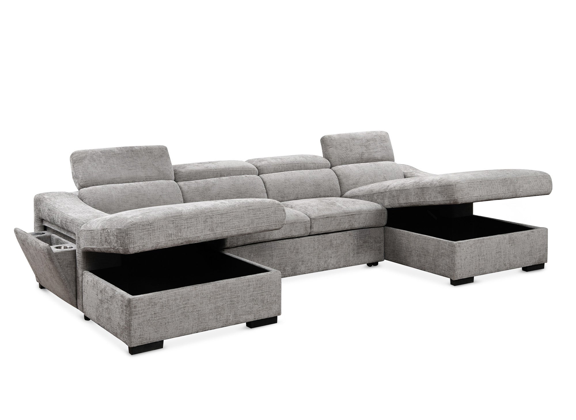 Sofá cama panorámico convertible VELORA con 2 compartimentos de almacenamiento en terciopelo gris jaspeado