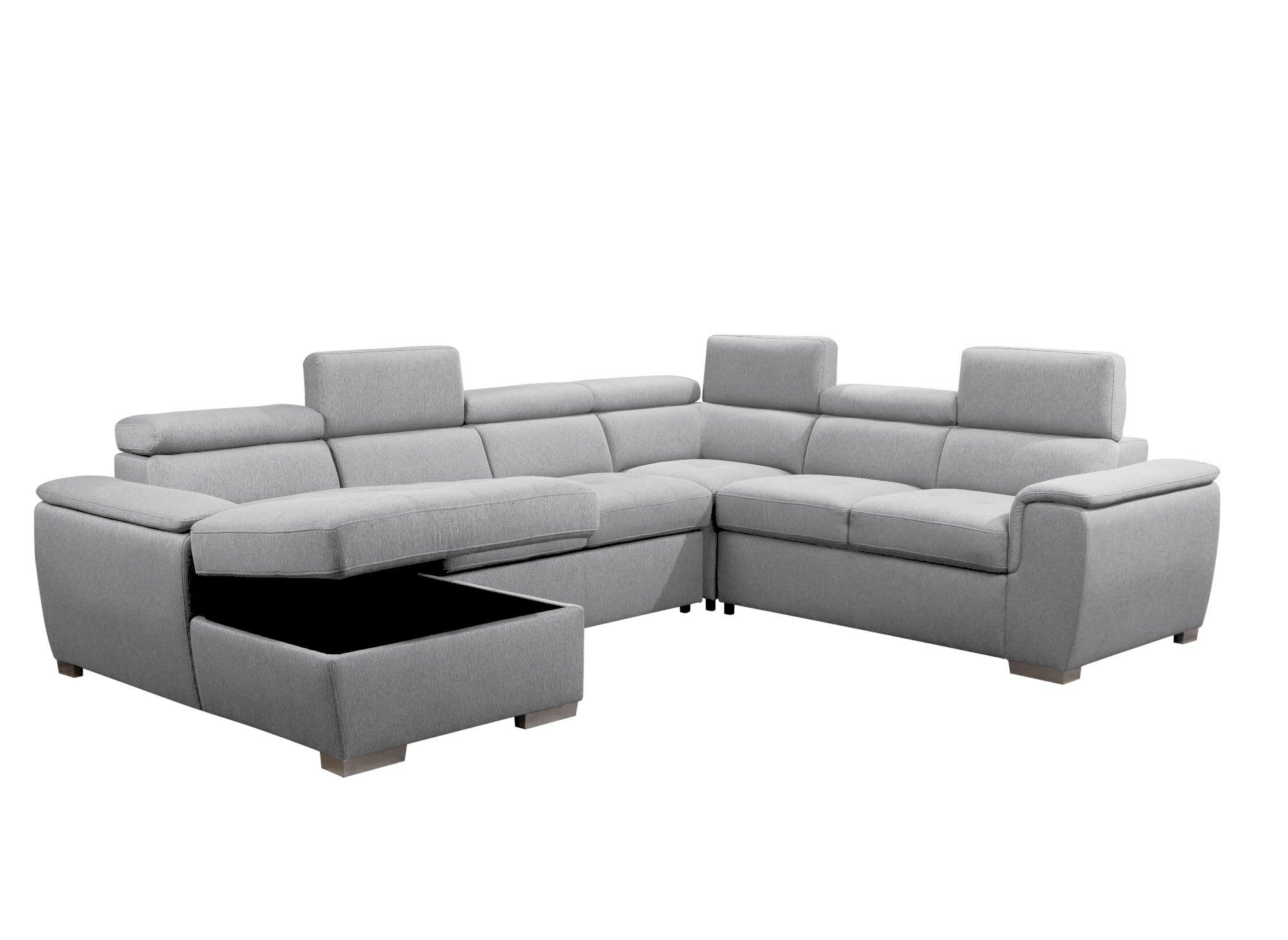 Sofá cama panorámico convertible GAELLE con compartimento de almacenamiento en tela gris - Esquina izquierda