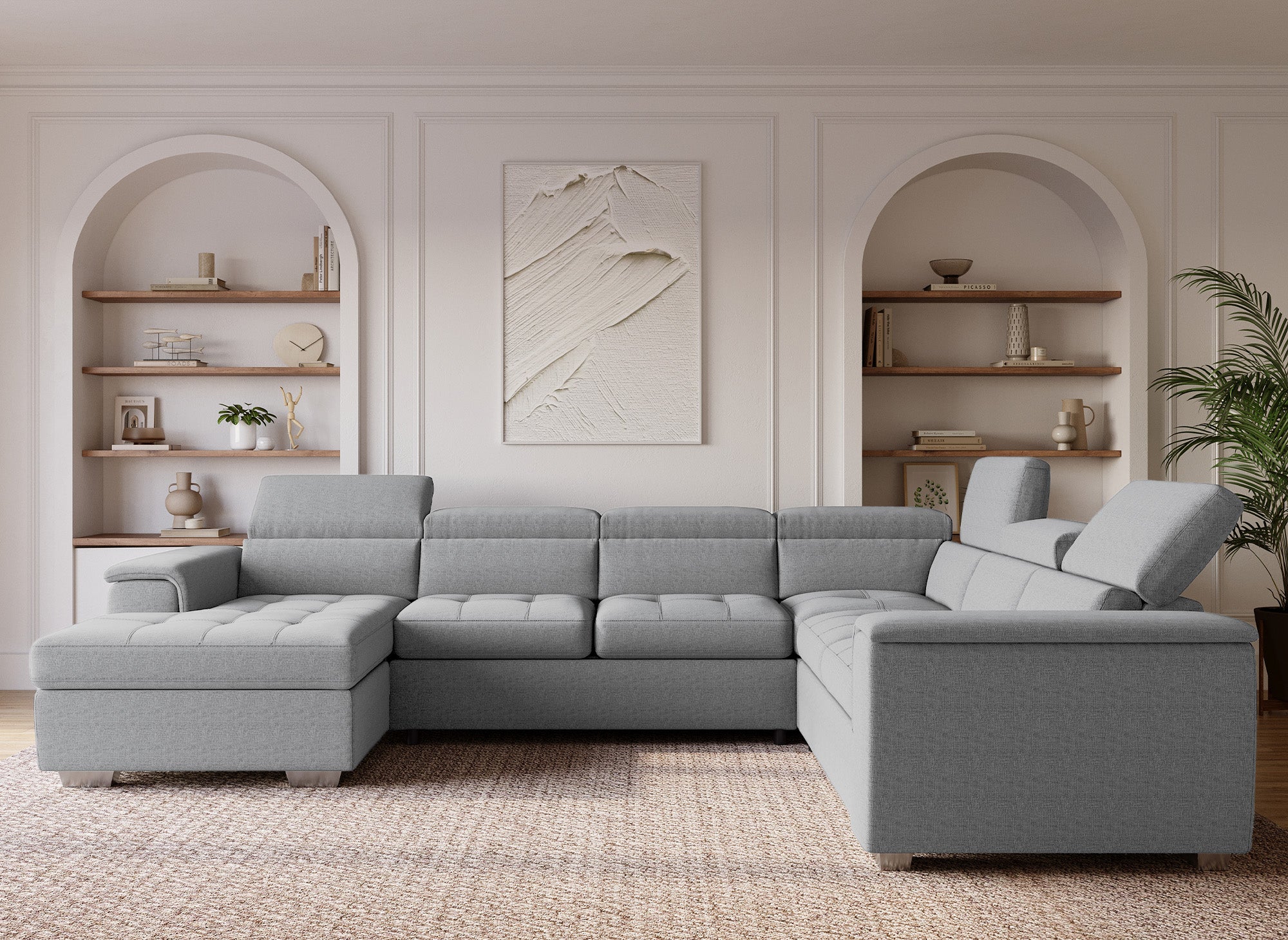 Sofá cama panorámico convertible GAELLE con compartimento de almacenamiento en tela gris - Esquina izquierda