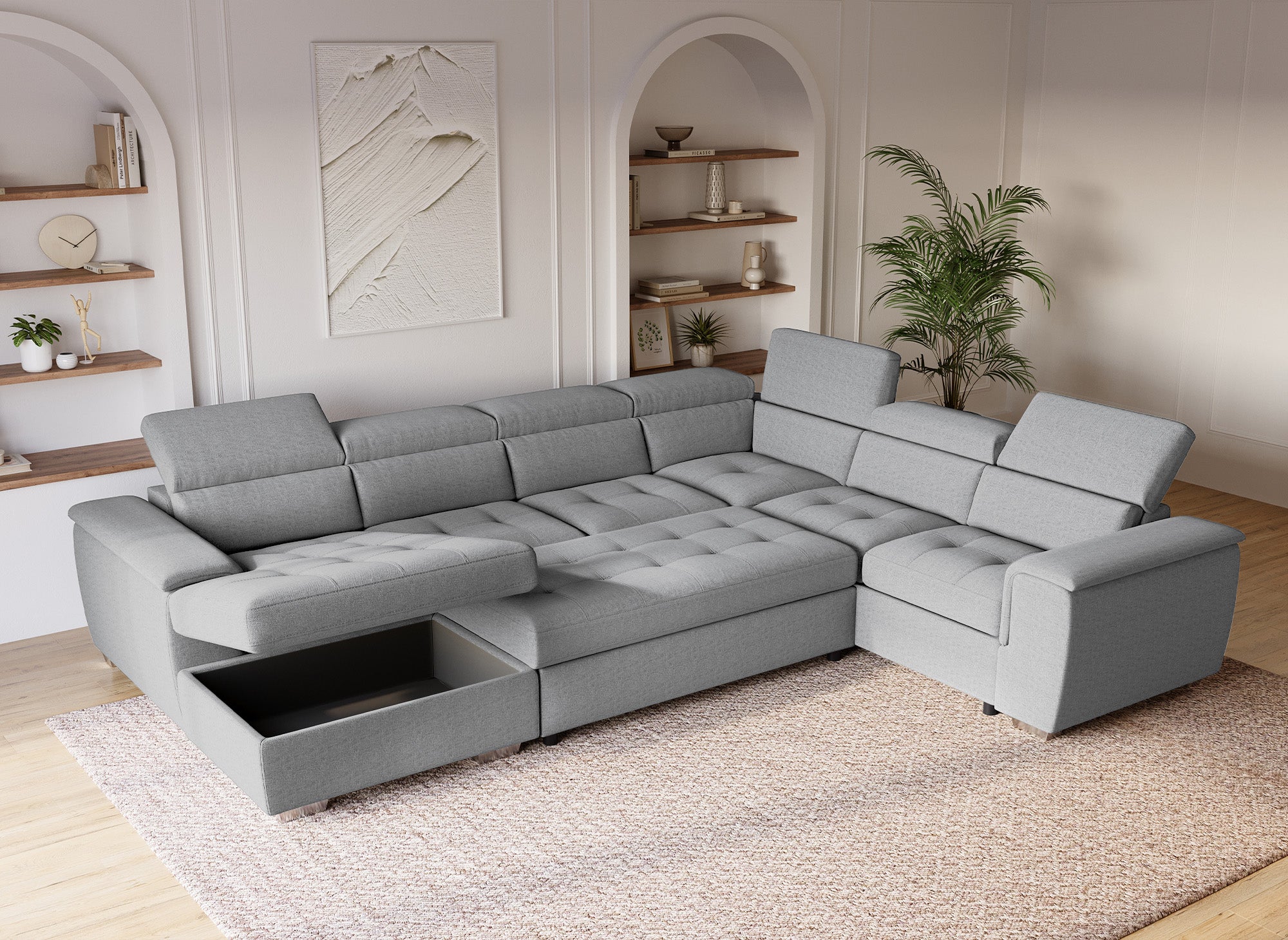 Sofá cama panorámico convertible GAELLE con compartimento de almacenamiento en tela gris - Esquina izquierda