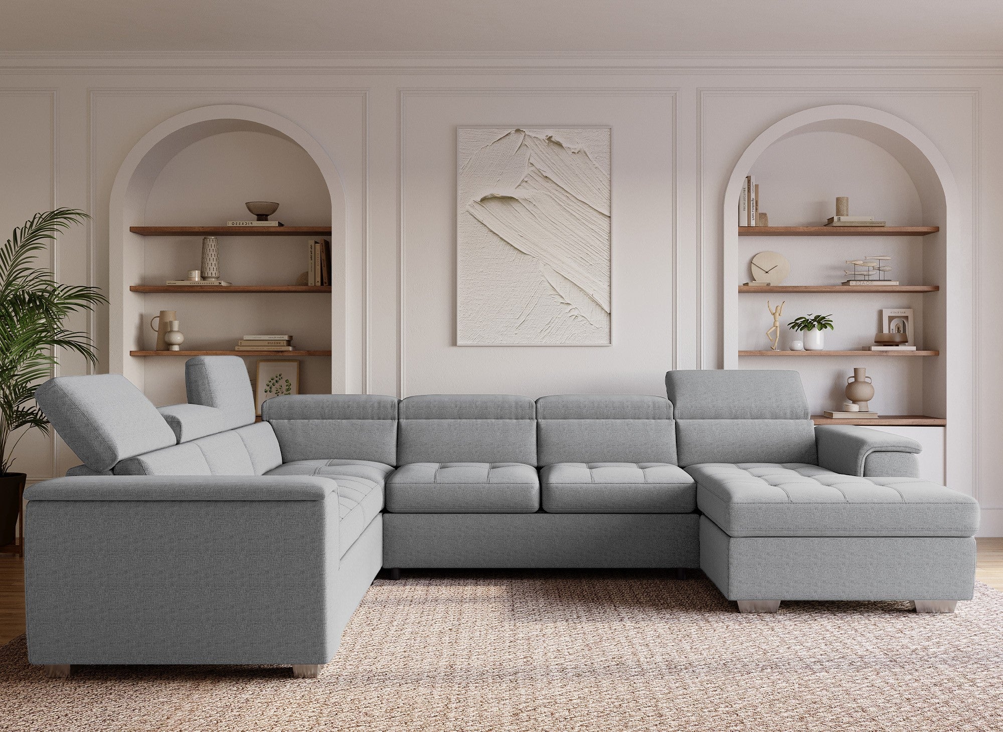 Sofá cama panorámico convertible GAELLE con compartimento de almacenamiento en tela gris - Esquina derecha