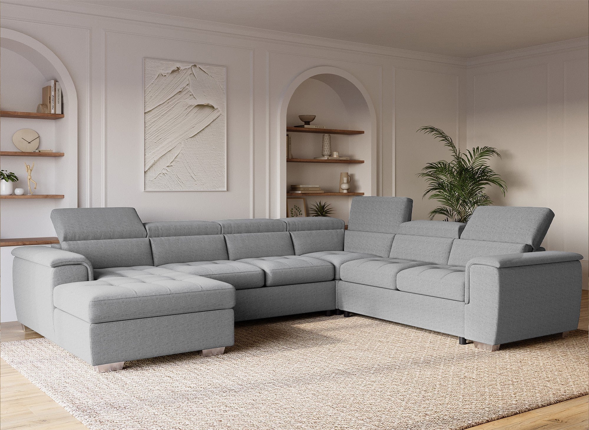 Sofá cama panorámico convertible GAELLE con compartimento de almacenamiento en tela gris - Esquina izquierda