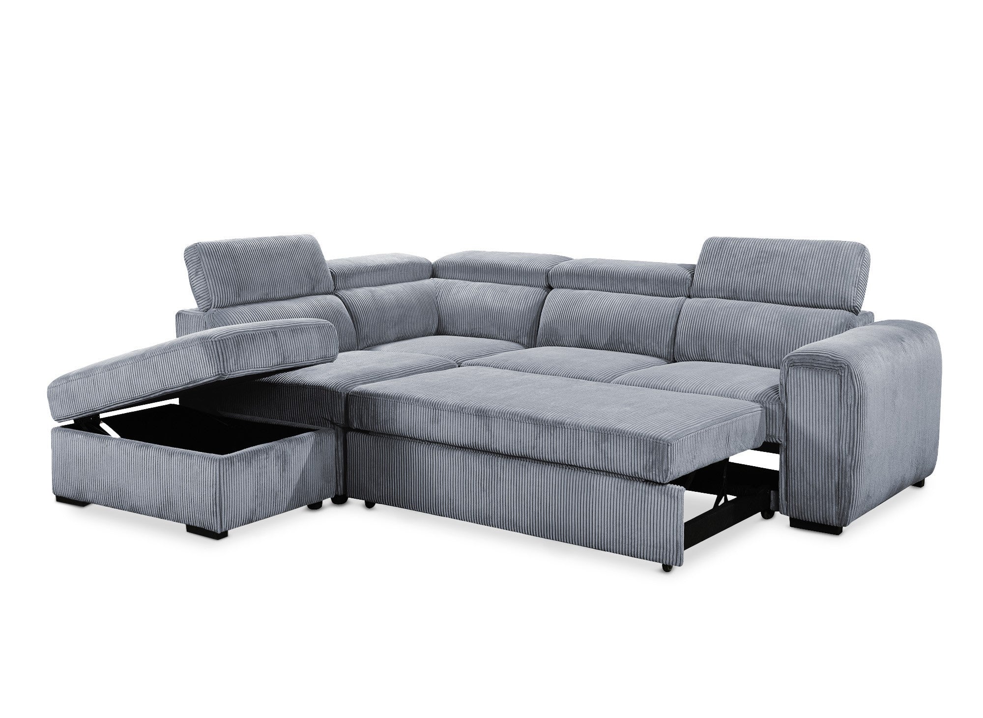 Sofá cama esquinero ZENOVA con almacenaje en pana gris gruesa - Esquina izquierda