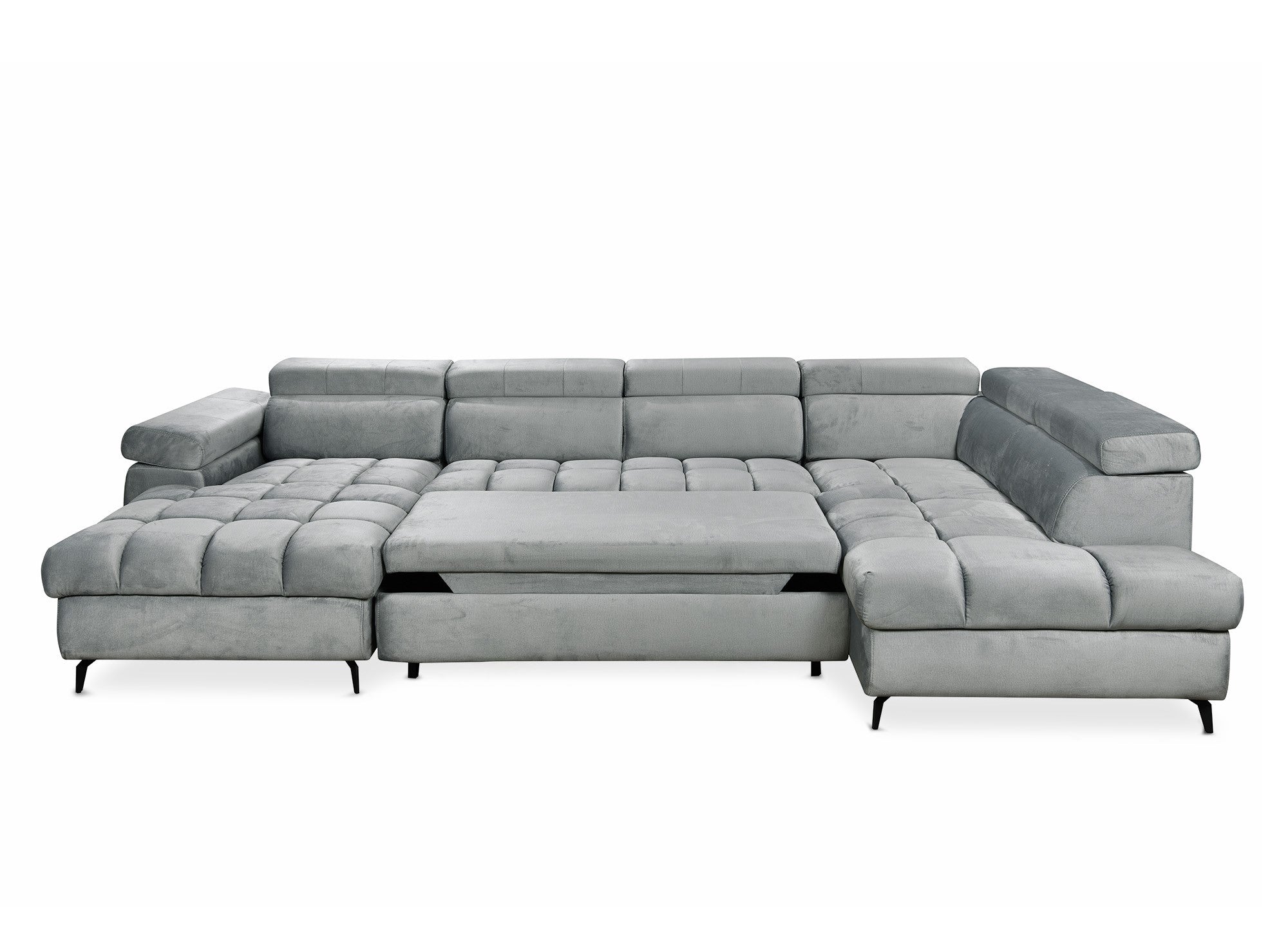 Sofá panorámico convertible LUCIANO acolchado con almacenaje en terciopelo gris - Esquina izquierda