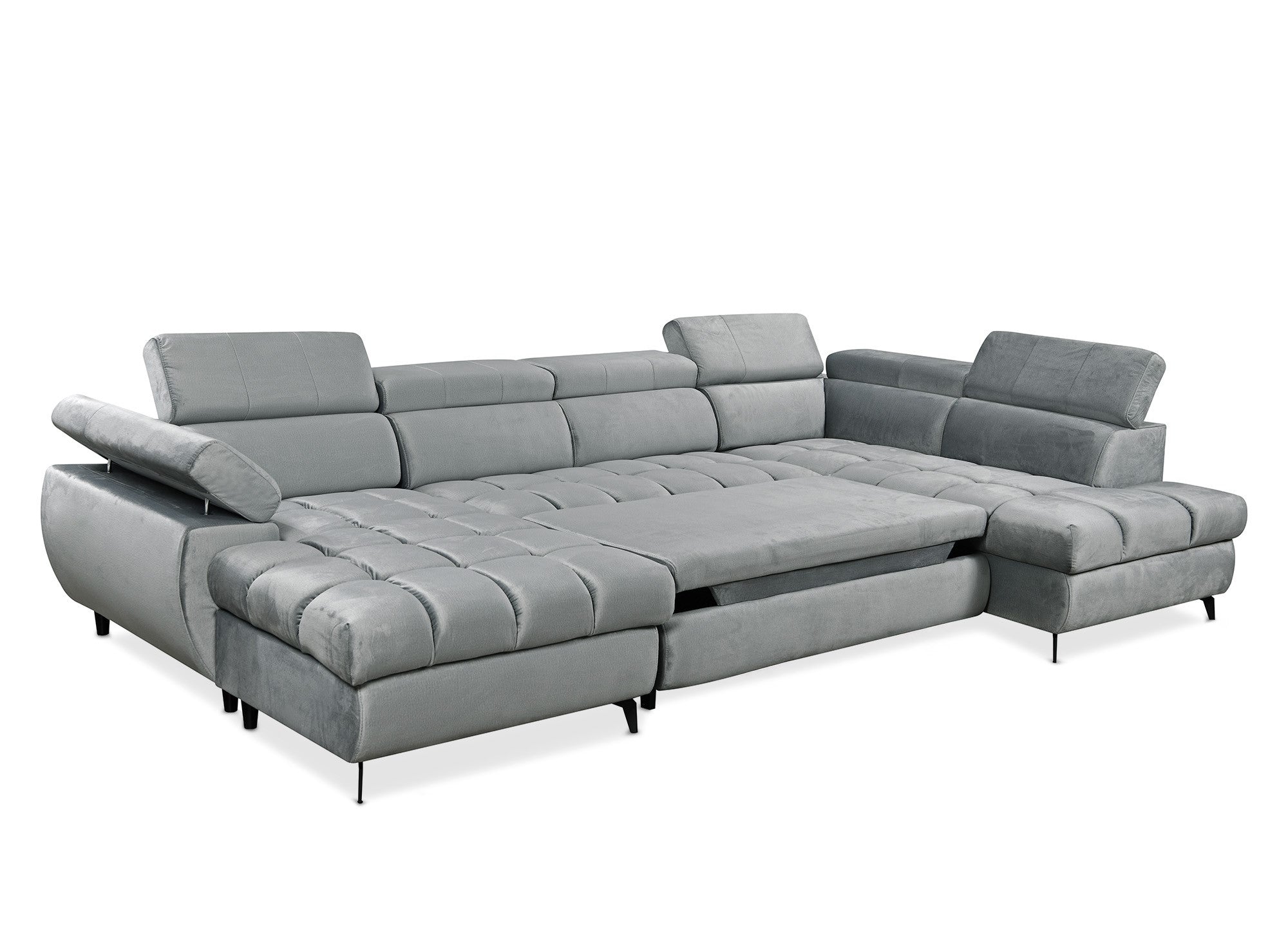 Sofá panorámico convertible LUCIANO acolchado con almacenaje en terciopelo gris - Esquina izquierda