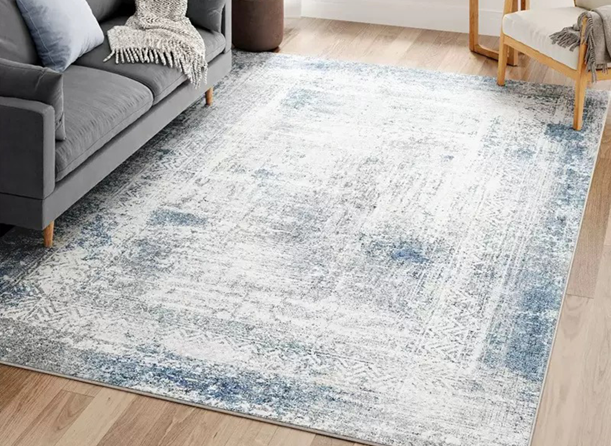Alfombra rectangular KALIMA, estilo vintage, azul y blanca, 160x230 cm