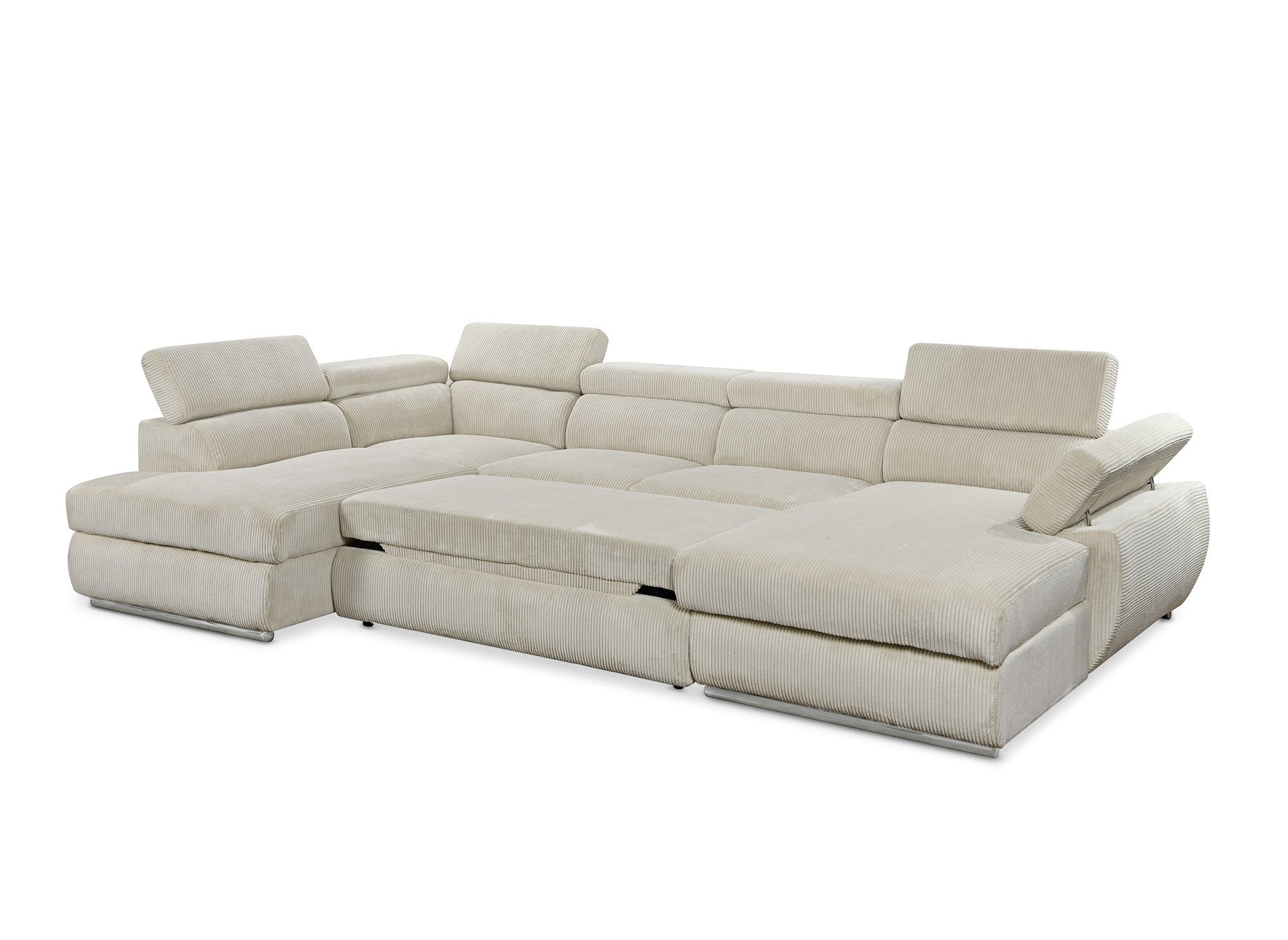 Sofá cama panorámico convertible MARIANO con almacenaje en pana gruesa color beige - Esquina derecha