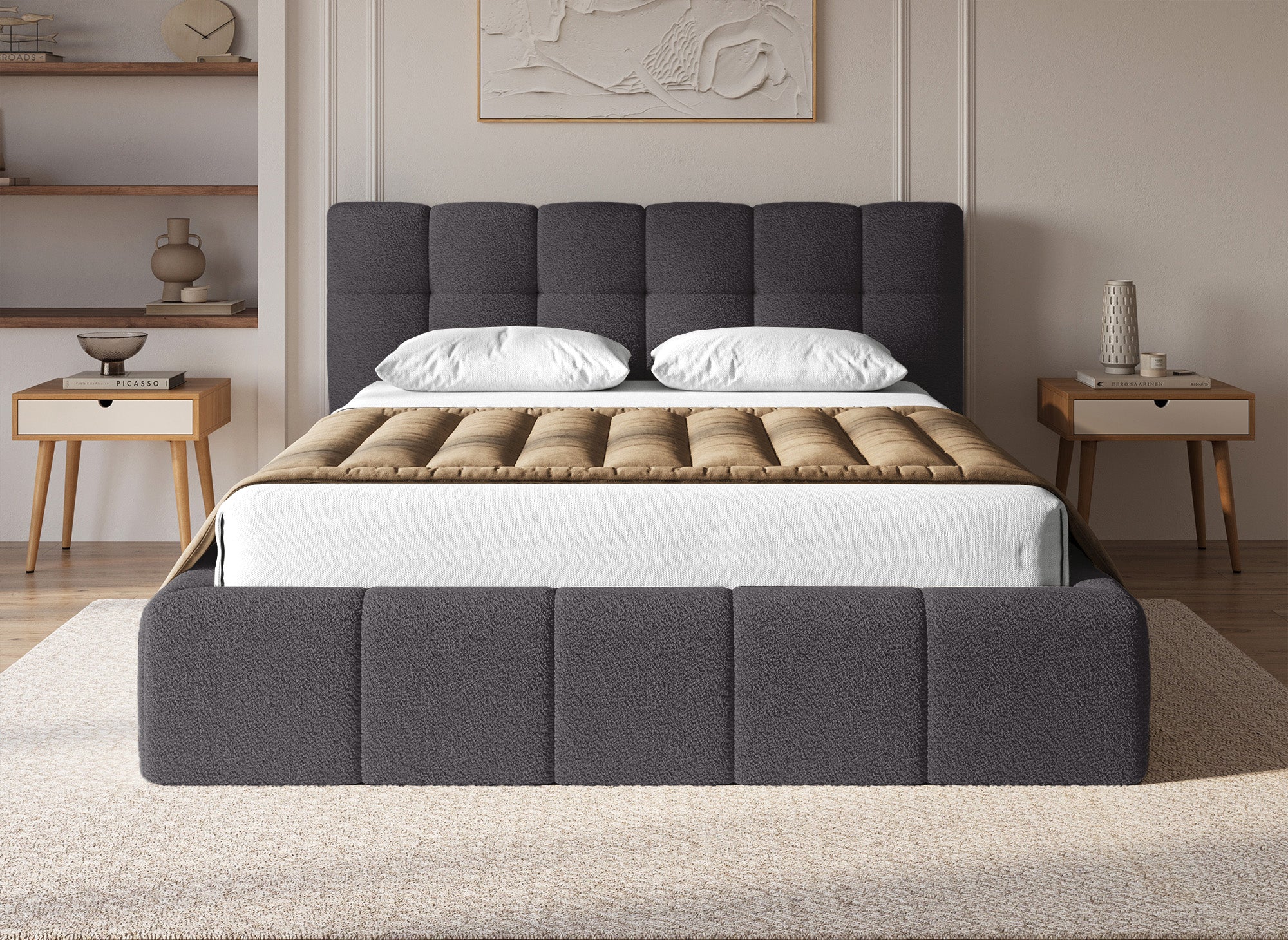 Cama contenedor de tela bouclé gris MILIE 160x200 cm