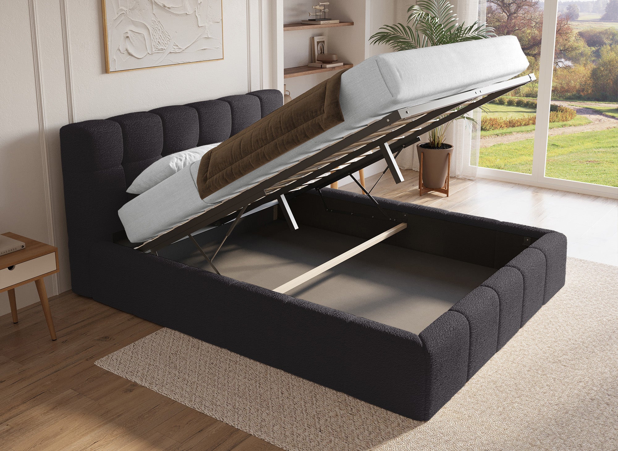 Cama contenedor de tela bouclé gris MILIE 160x200 cm