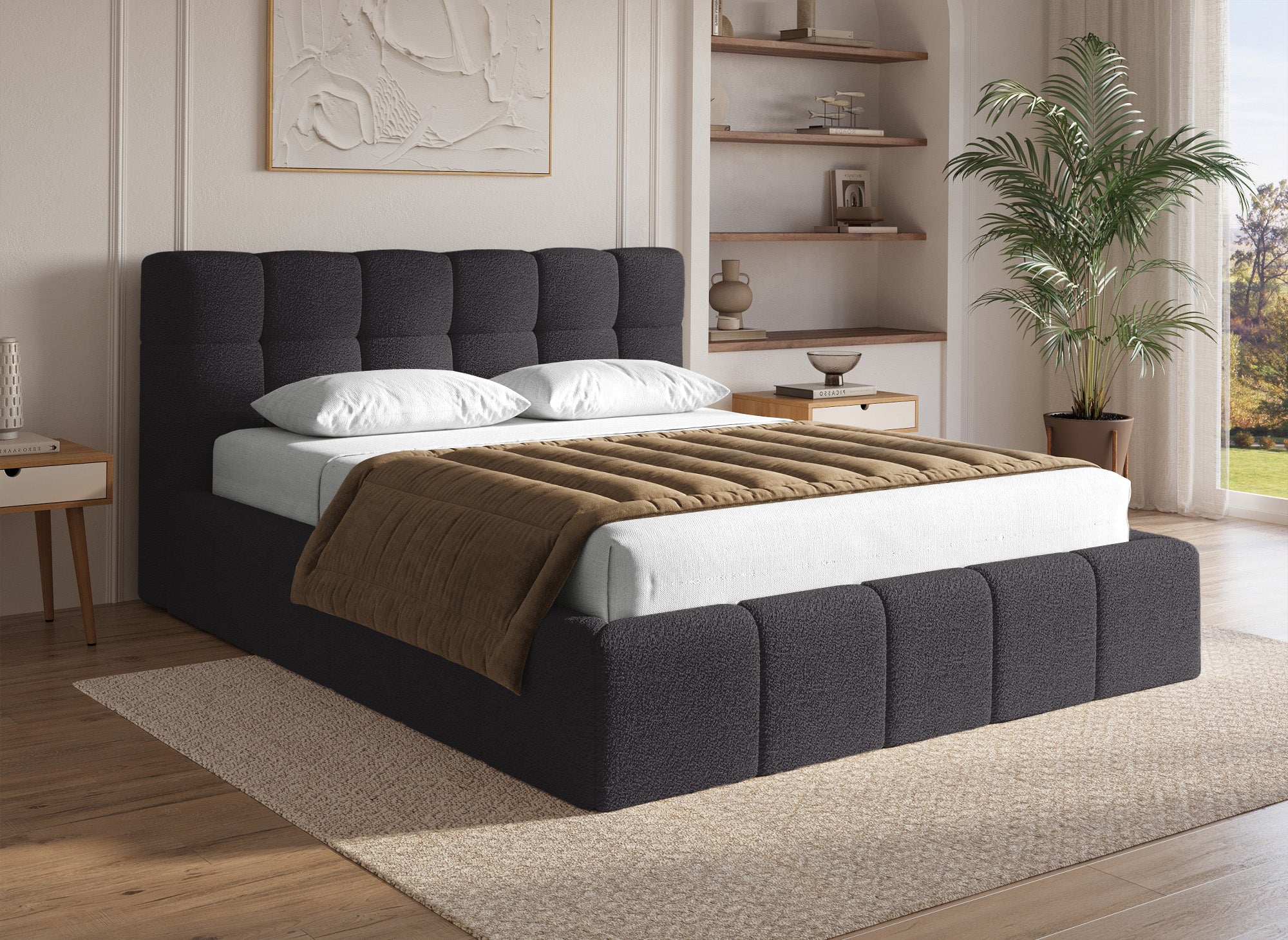 Cama contenedor de tela bouclé gris MILIE 160x200 cm
