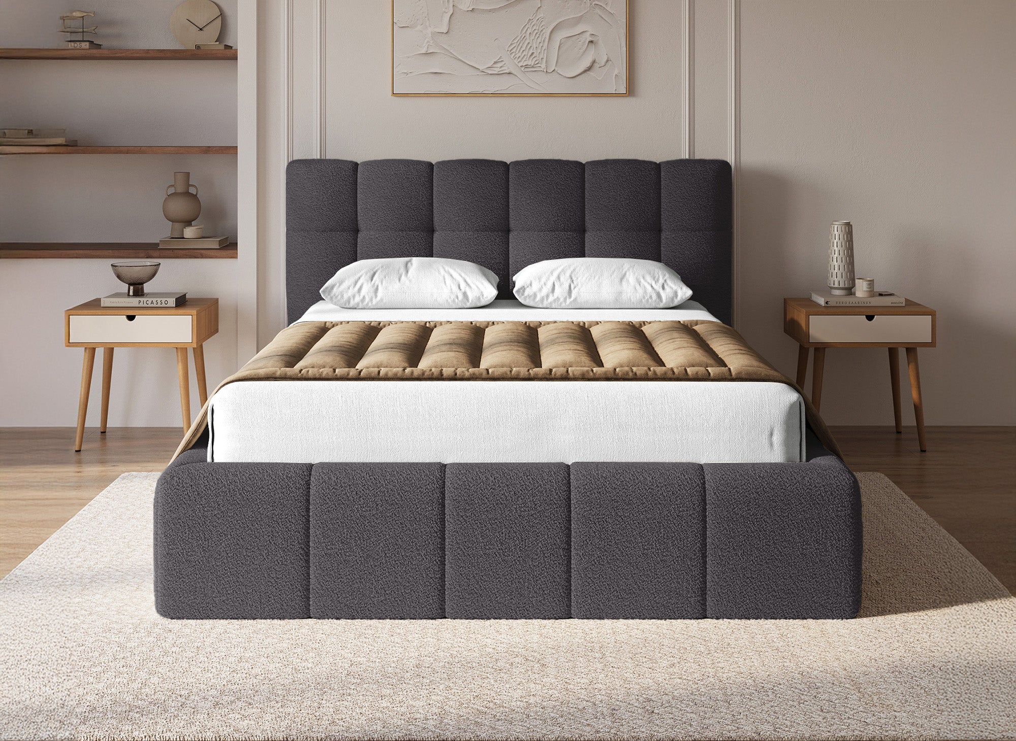 Cama contenedor de tela bouclé gris MILIE 140x190 cm