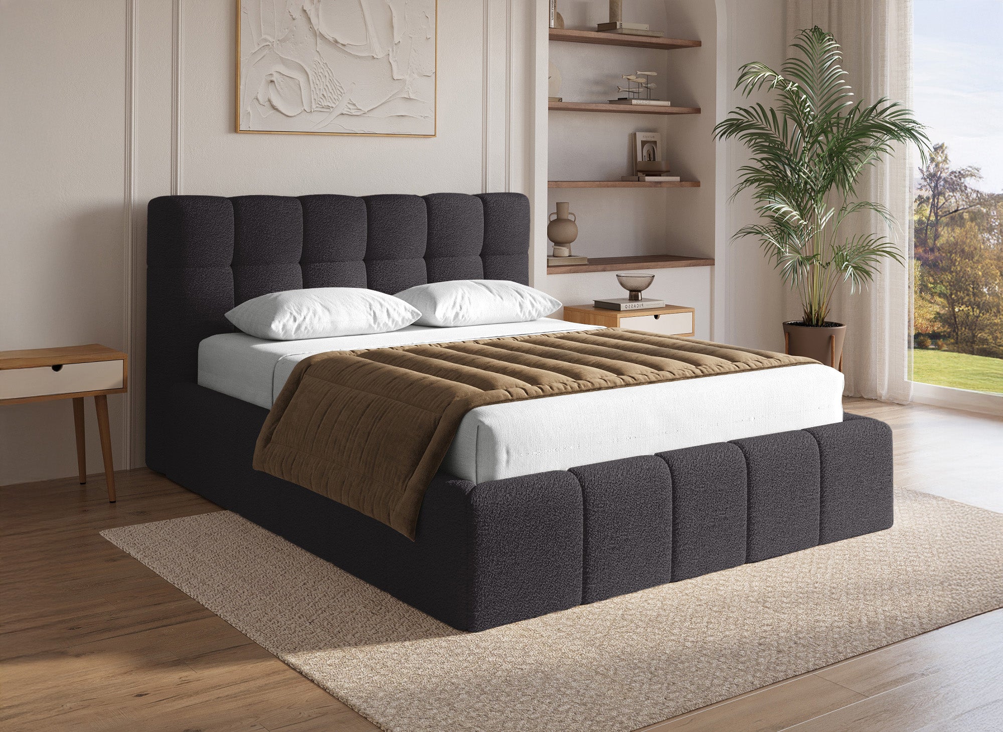 Cama contenedor de tela bouclé gris MILIE 140x190 cm