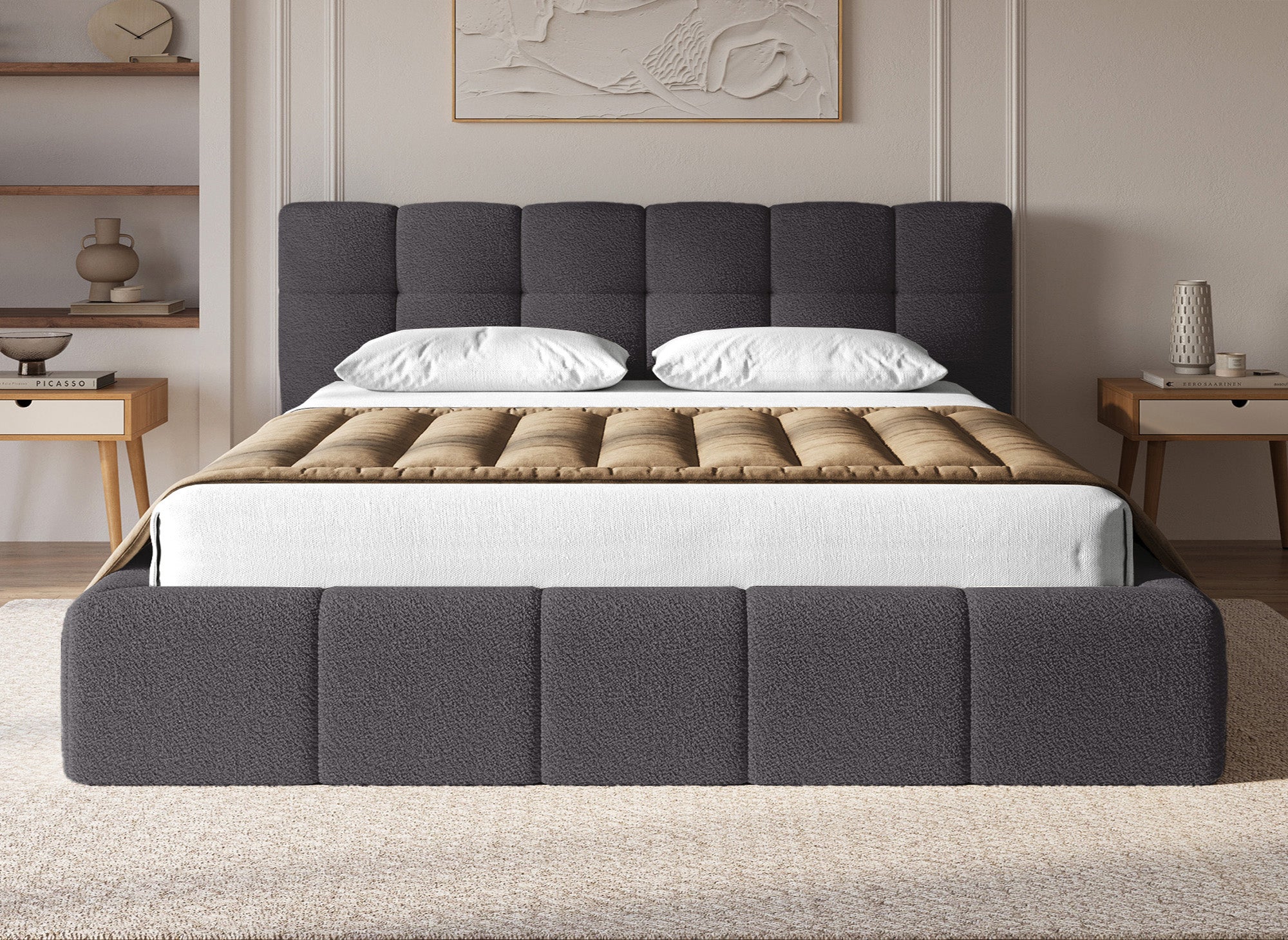 Cama contenedor de tela bouclé gris MILIE 180x200 cm