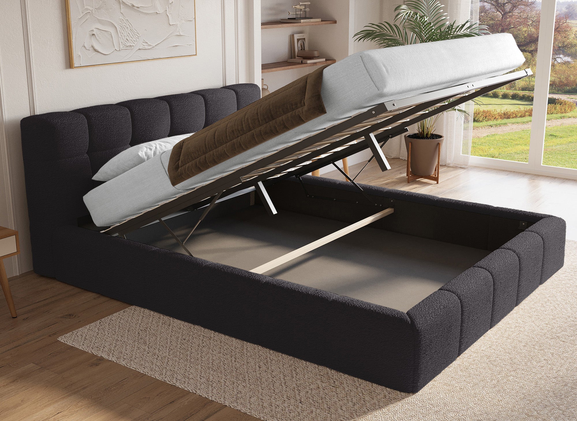 Cama contenedor de tela bouclé gris MILIE 180x200 cm