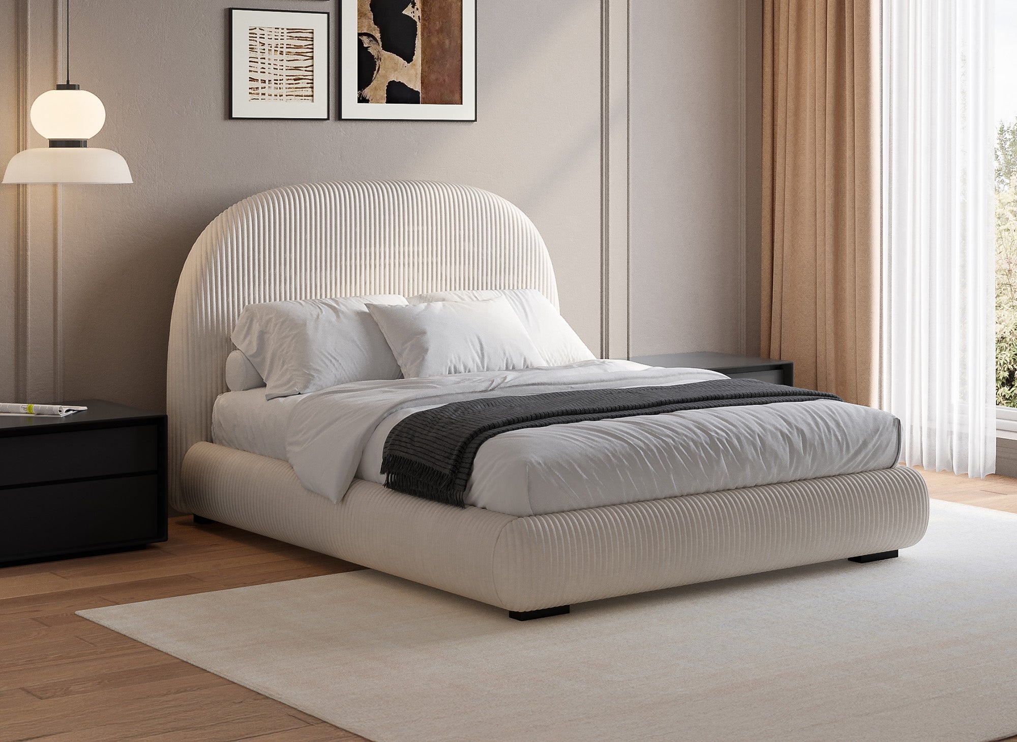 Cómoda cama doble de pana gruesa color beige de 160x200 cm