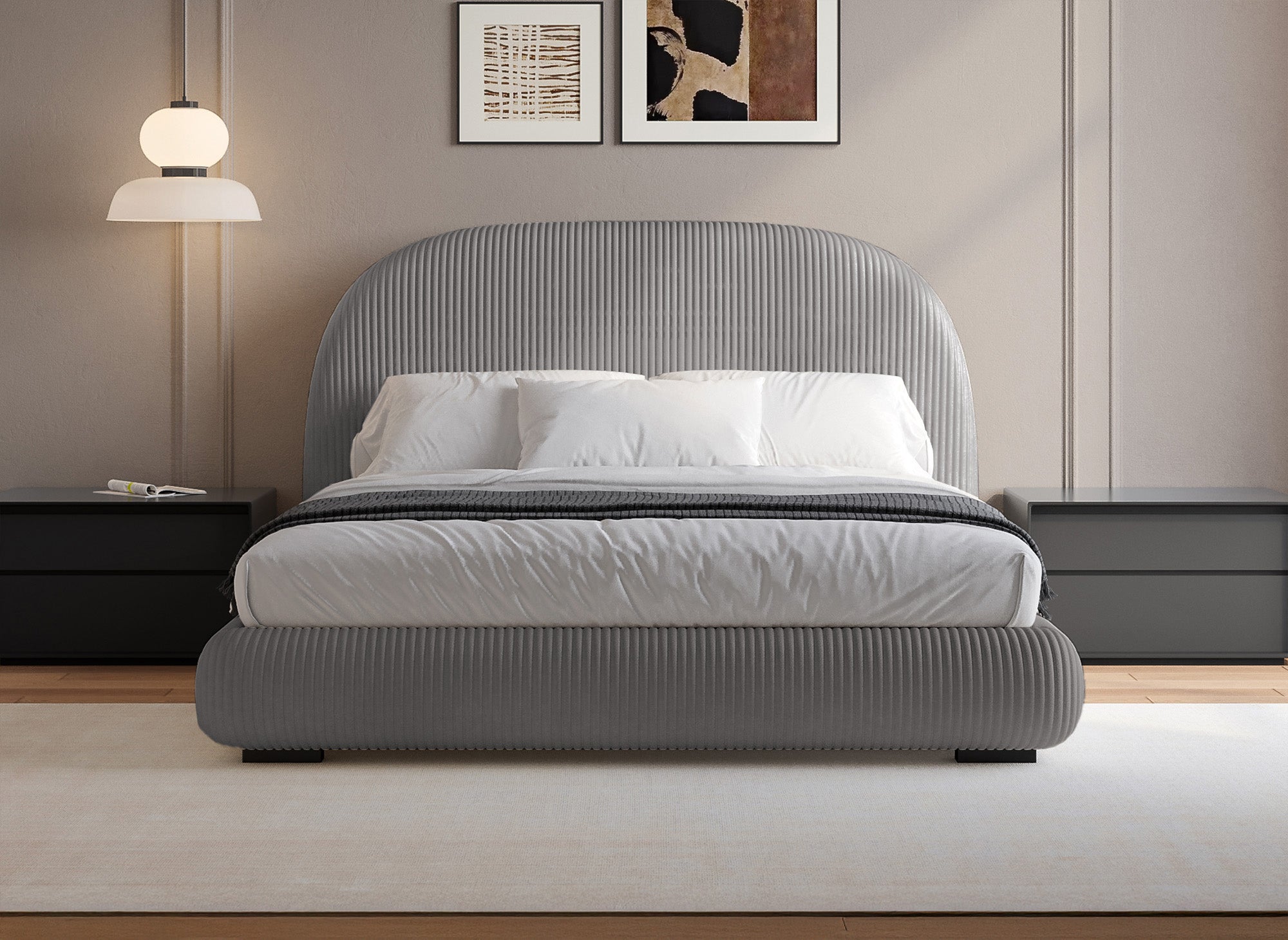 Cómoda cama doble en pana gris gruesa, 180x200 cm