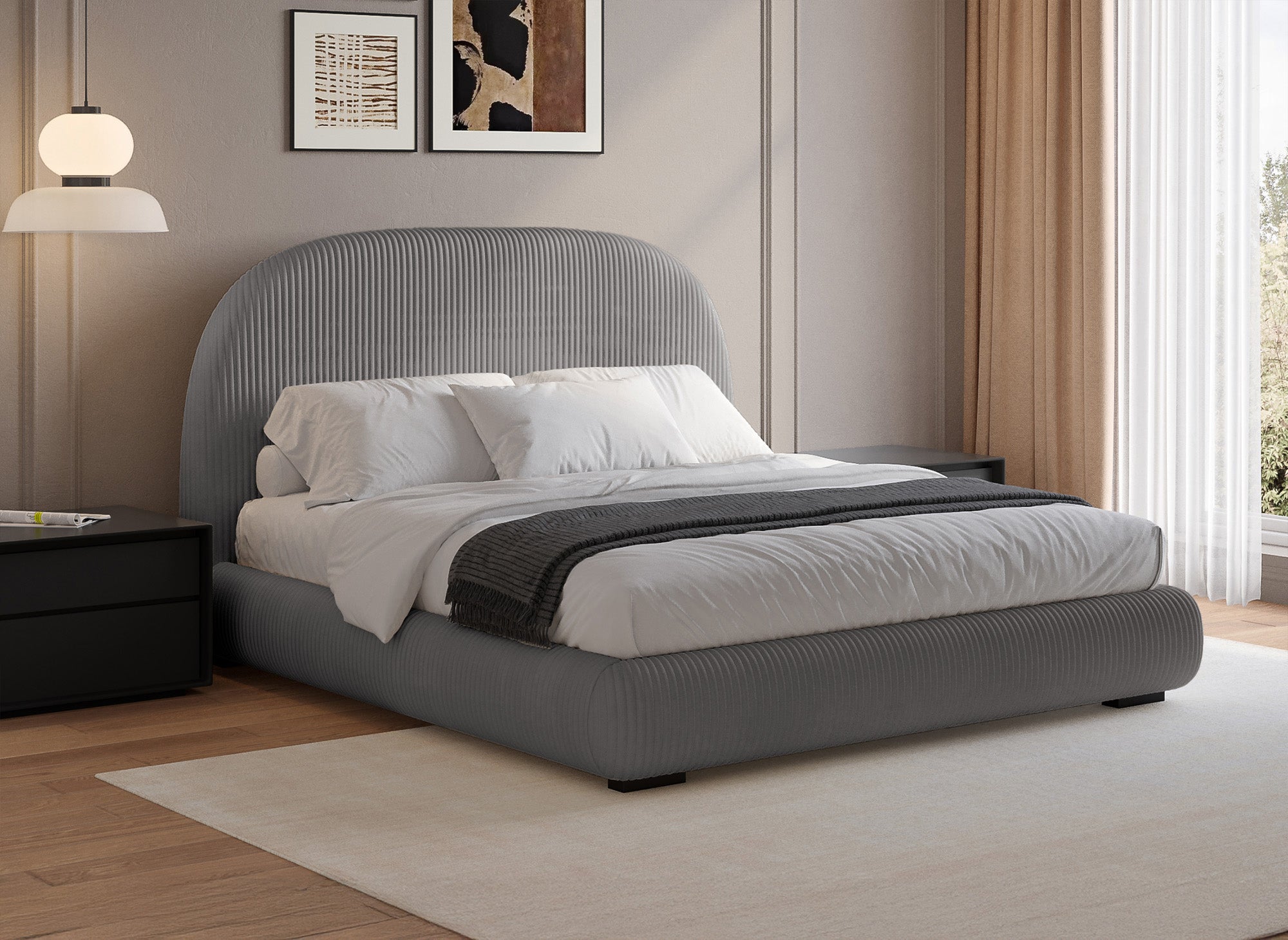 Cómoda cama doble en pana gris gruesa, 180x200 cm