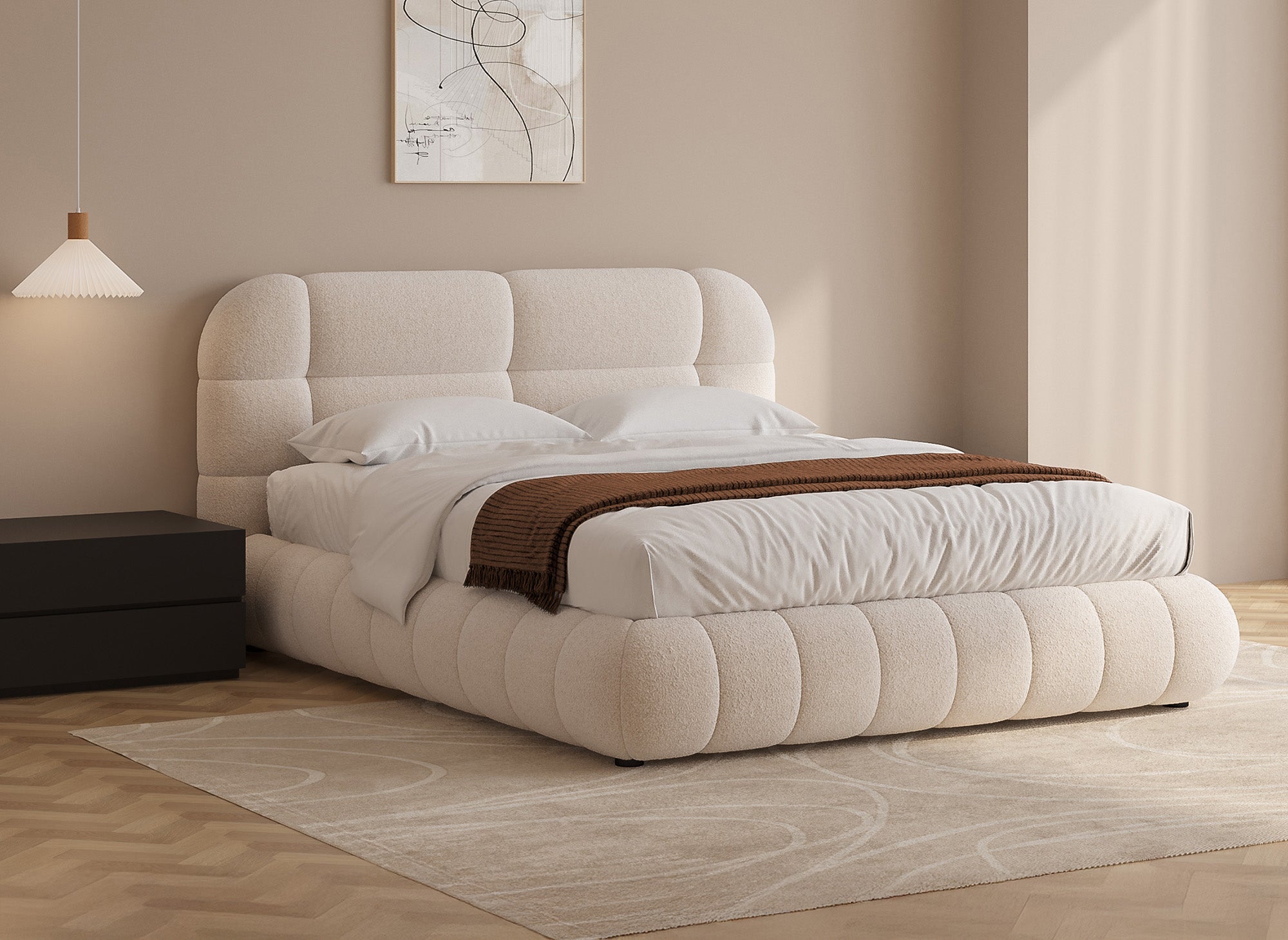 YOURI Cama contenedor de tela bouclé color crudo 180x200 cm