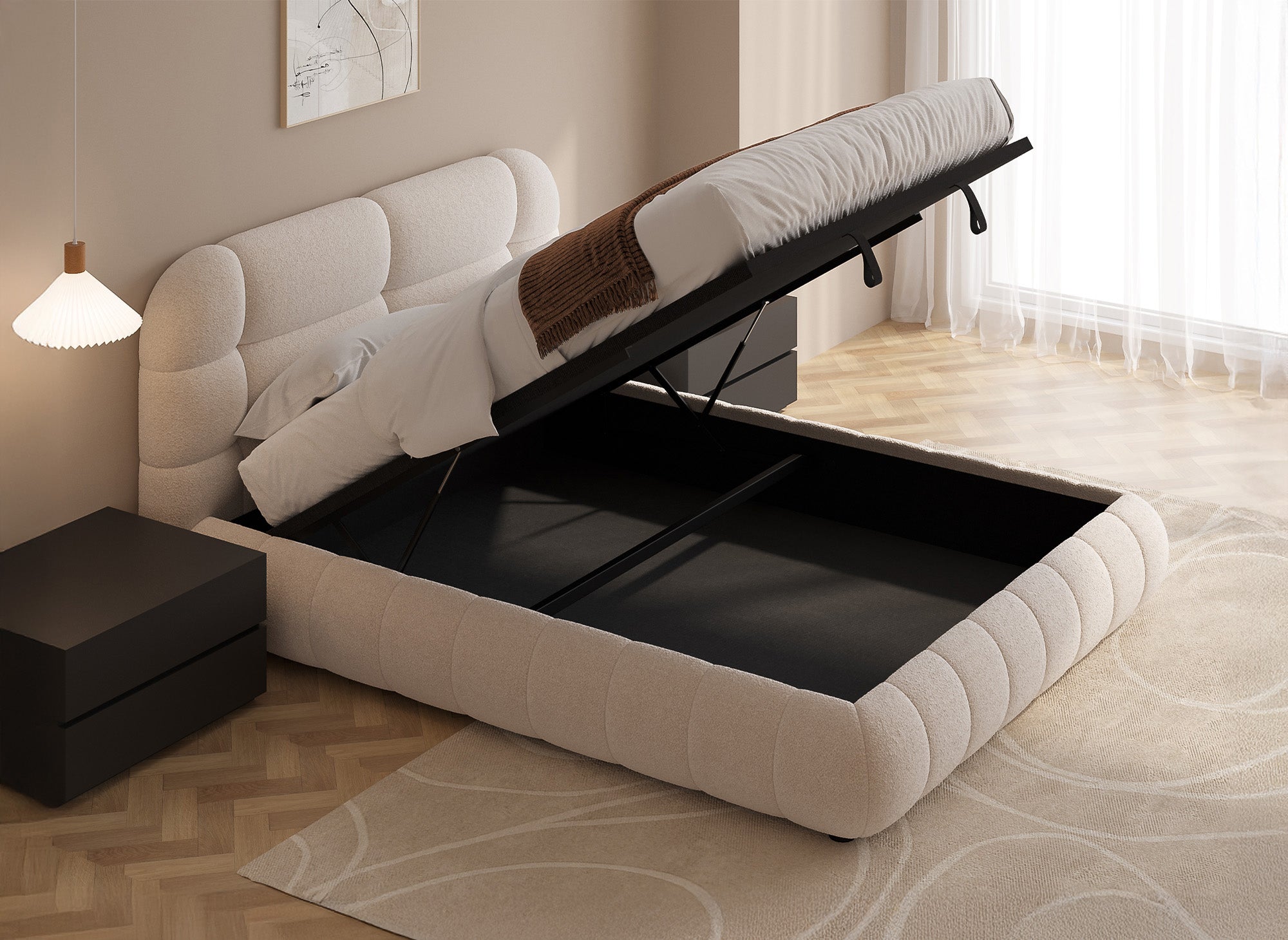 YOURI Cama contenedor de tela bouclé color crudo 140x190 cm