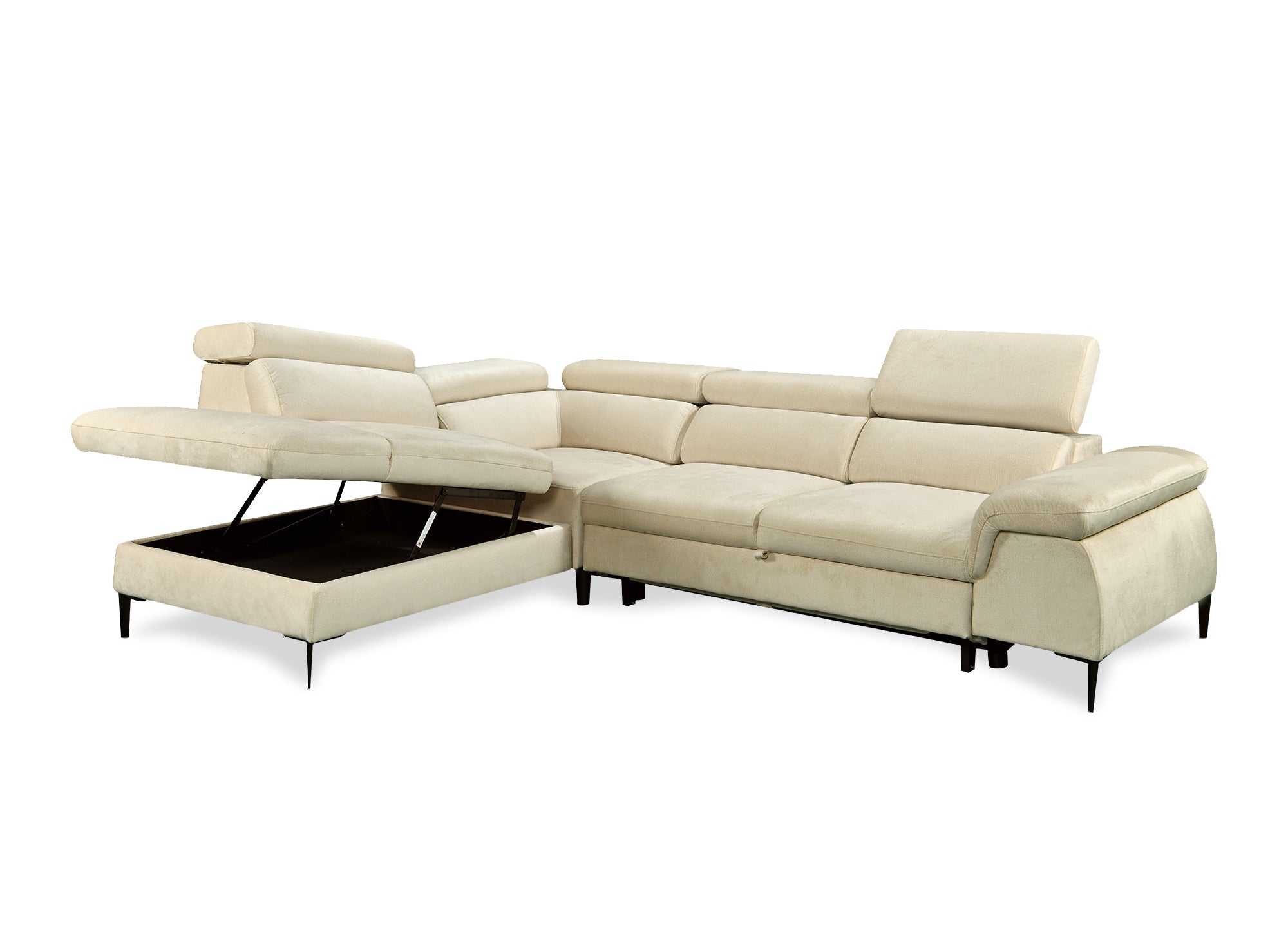 Sofá esquinero convertible SWAN con compartimento de almacenamiento en terciopelo beige - Esquina izquierda