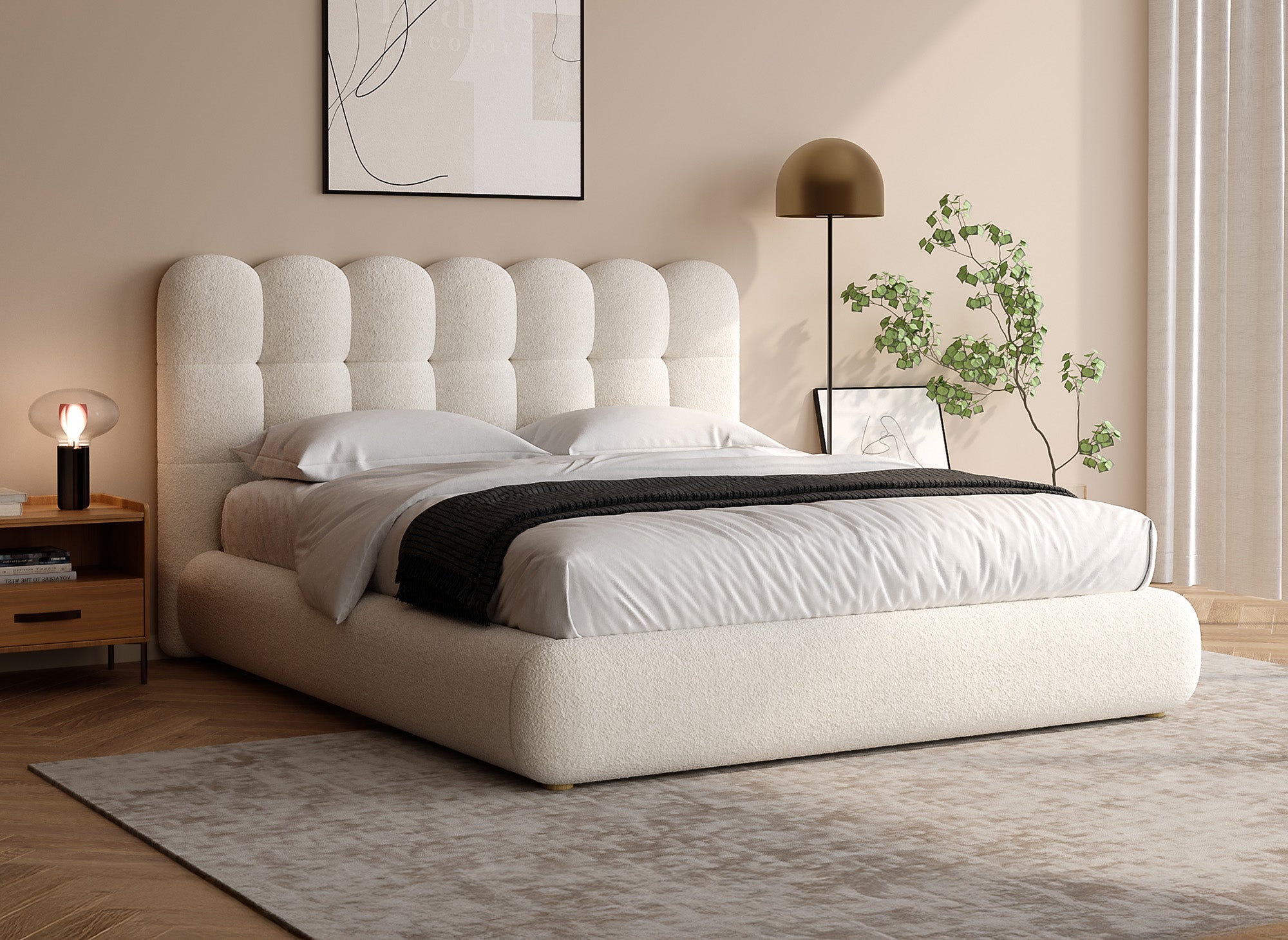 Cama doble de tejido bouclé beige 160x200cm BISCUIT