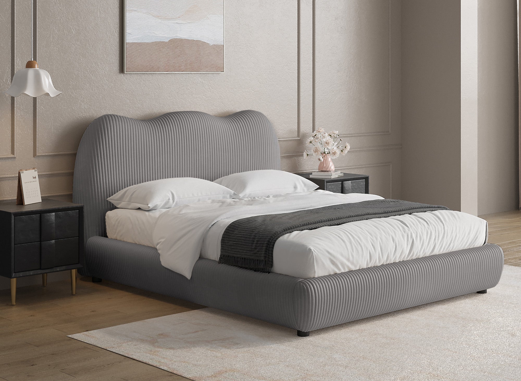 Cama doble SARA en pana gris gruesa de 180x200 cm