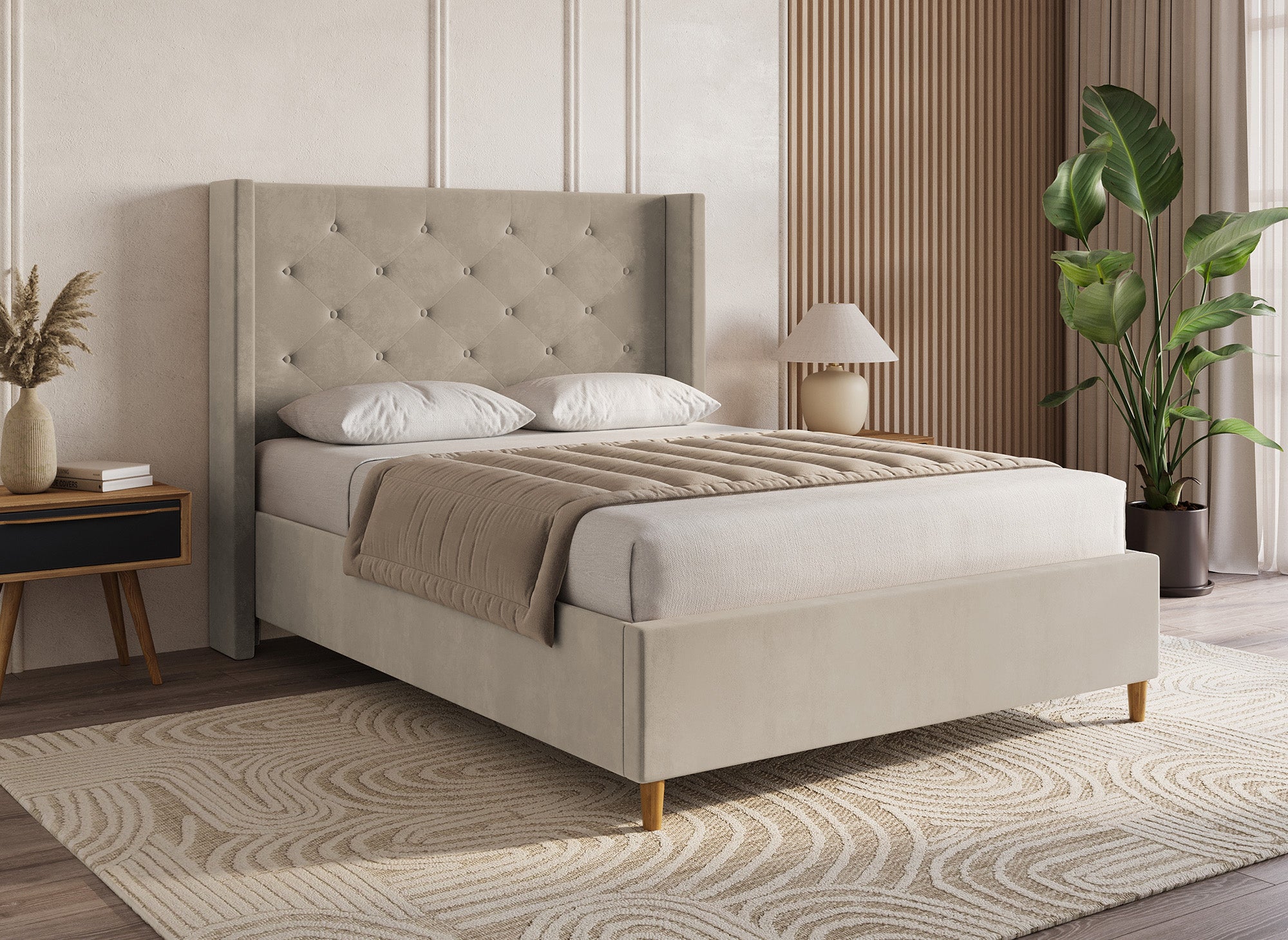 Cama doble tapizada en terciopelo color topo MAREVA de 160x200 cm