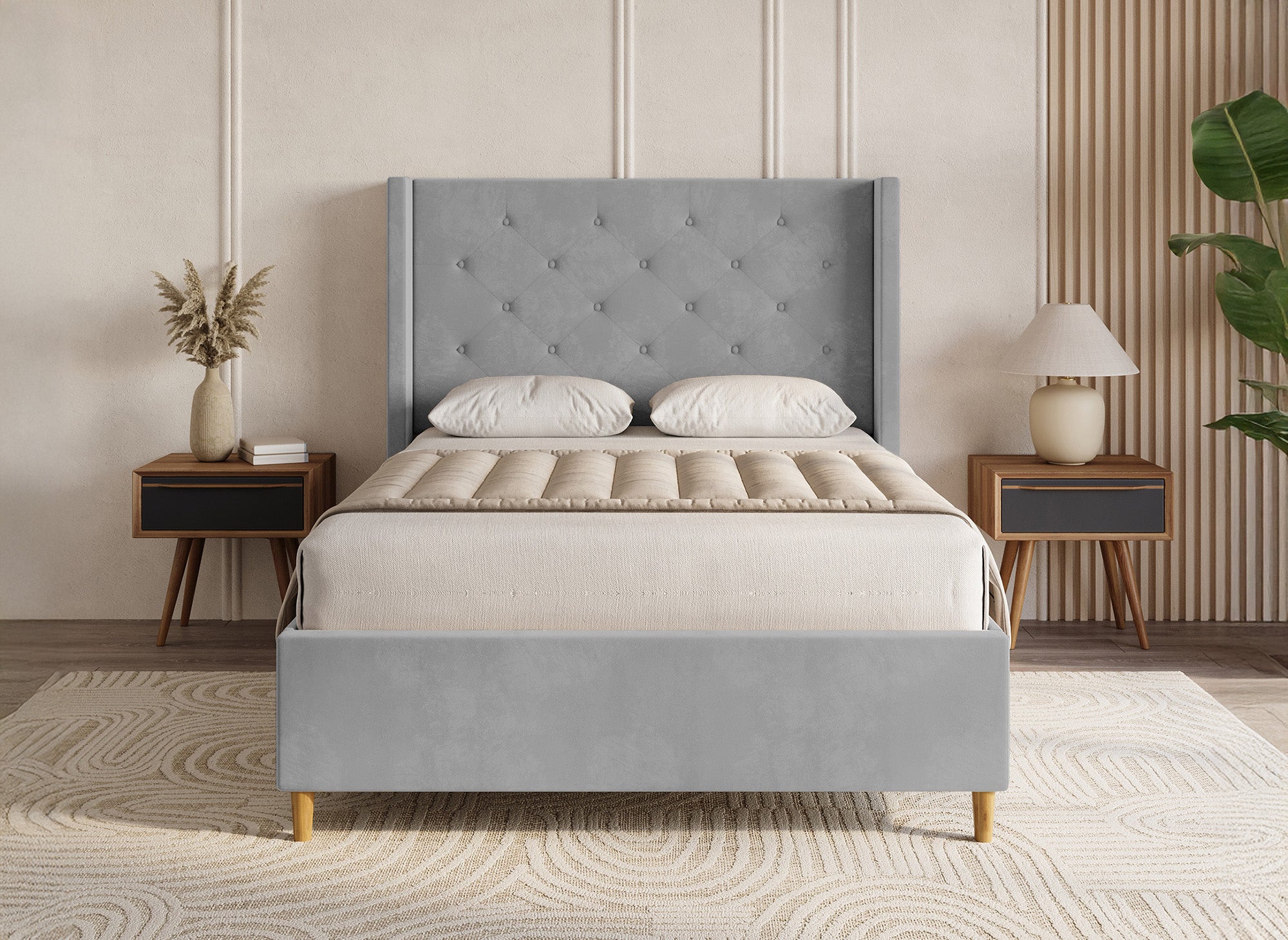 Cama doble MAREVA de terciopelo gris capitoné, 140x190 cm