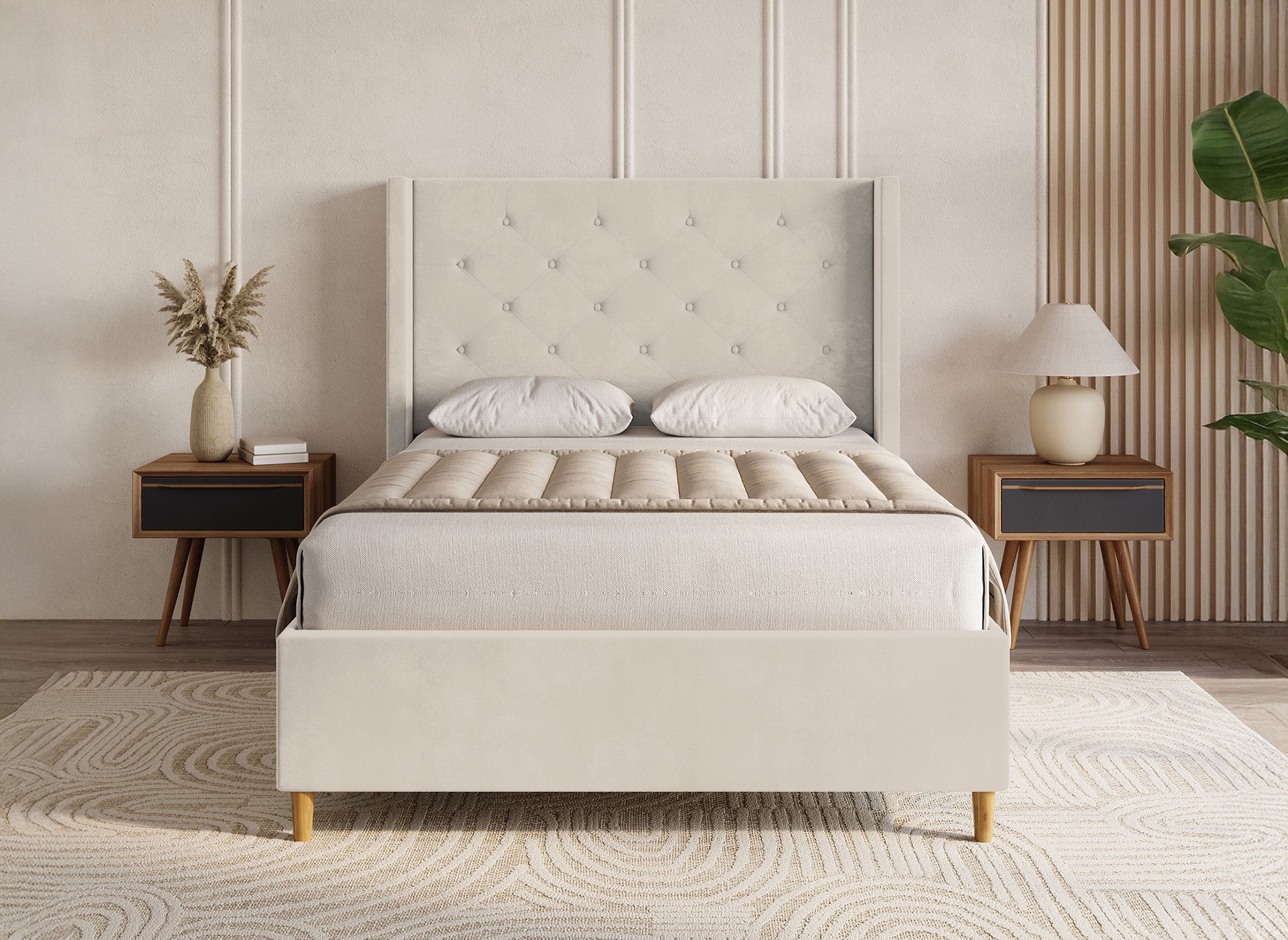 Cama doble MAREVA de terciopelo capitoné beige, 140x190 cm