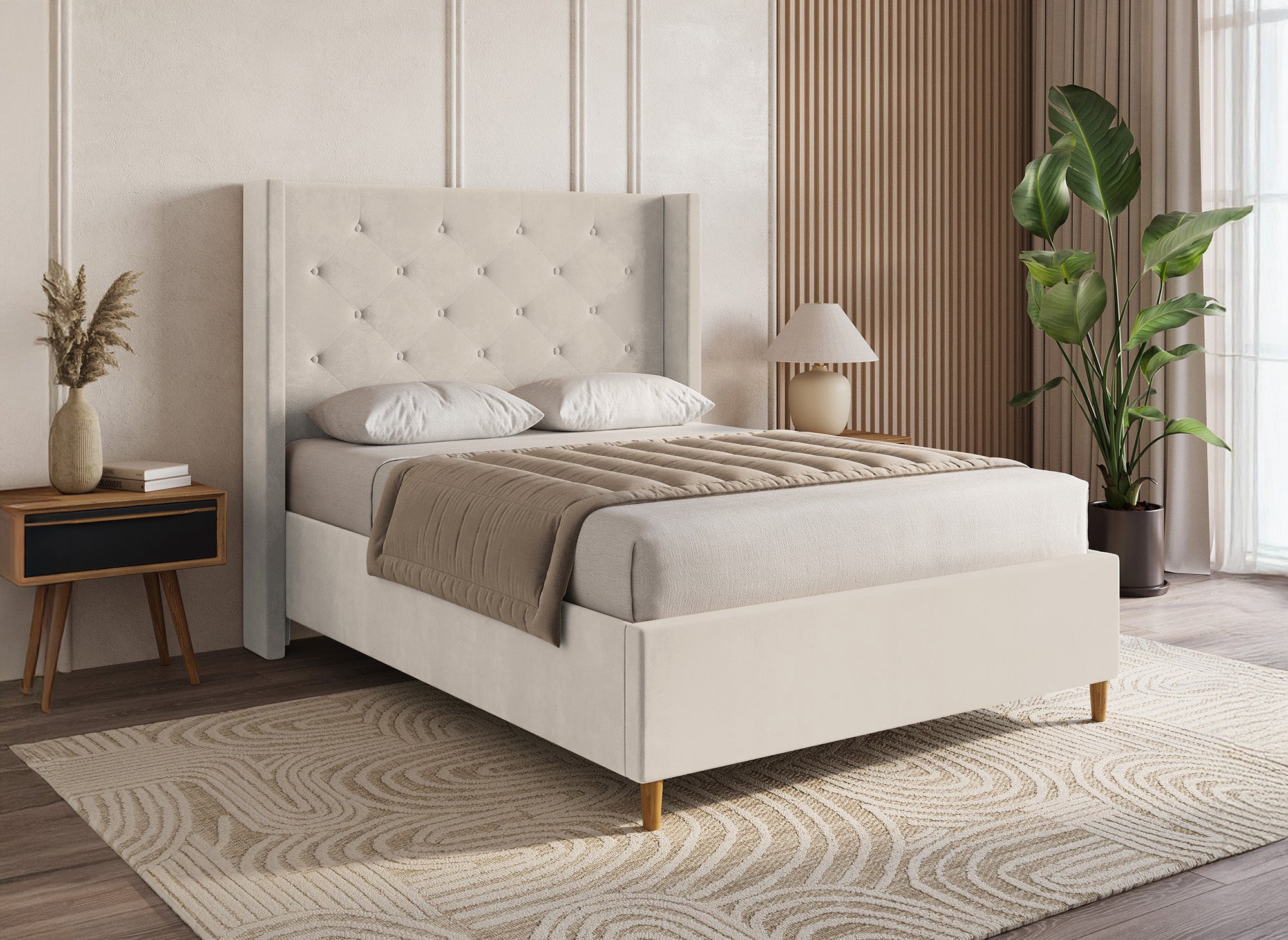 Cama doble MAREVA de terciopelo capitoné beige, 140x190 cm