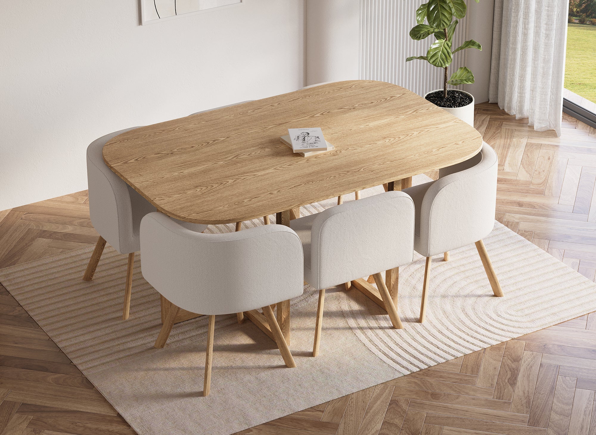 Juego de mesa y 6 sillas apilables FLEN XL color beige