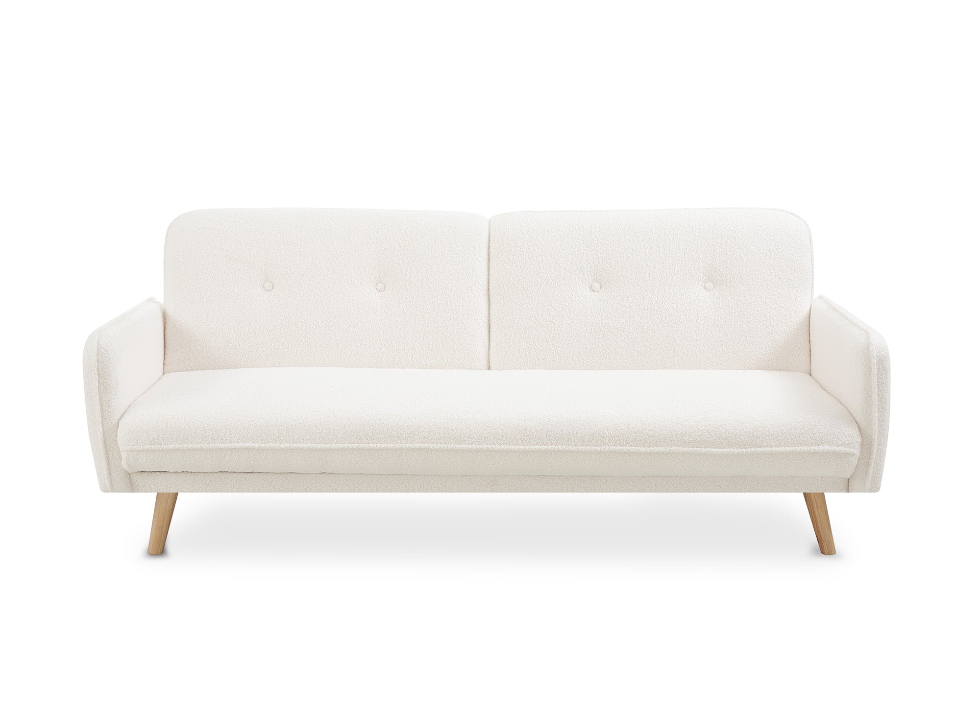 Sofá NATAL click-clack tapizado en tela bouclé color crudo con patas de madera