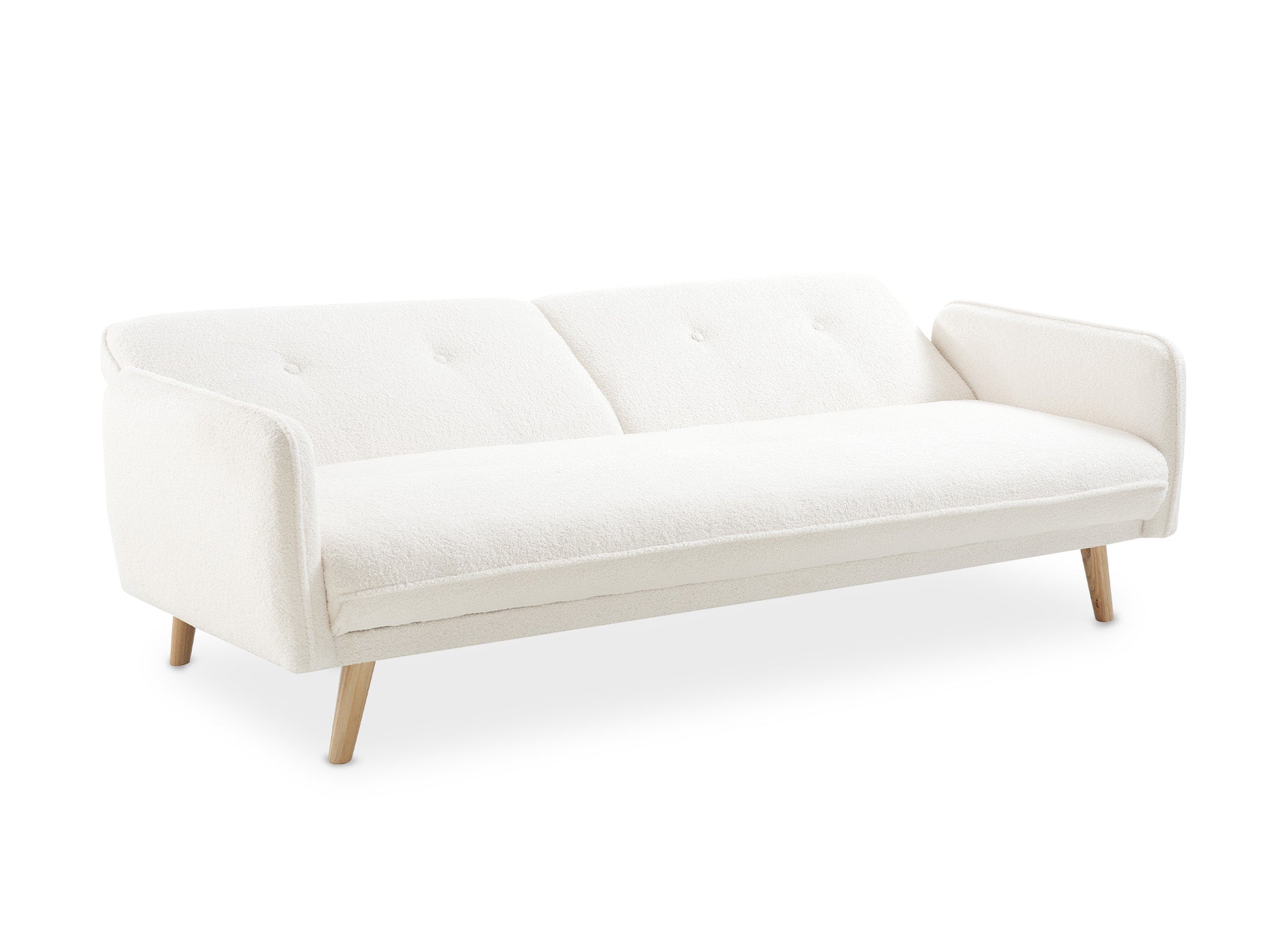 Sofá NATAL click-clack tapizado en tela bouclé color crudo con patas de madera