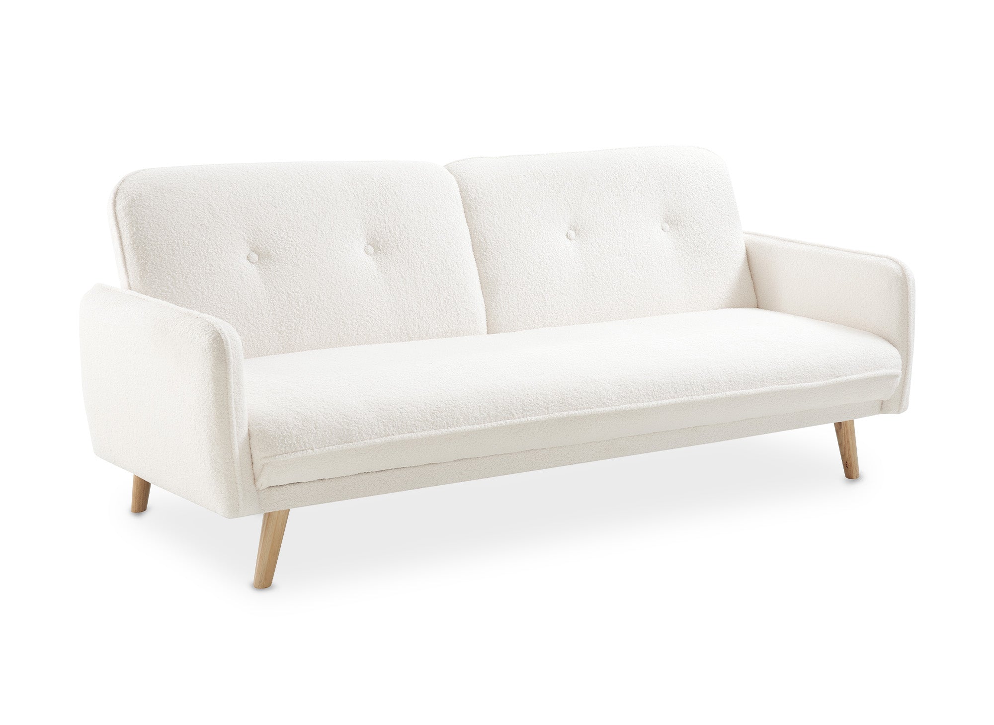Sofá NATAL click-clack tapizado en tela bouclé color crudo con patas de madera