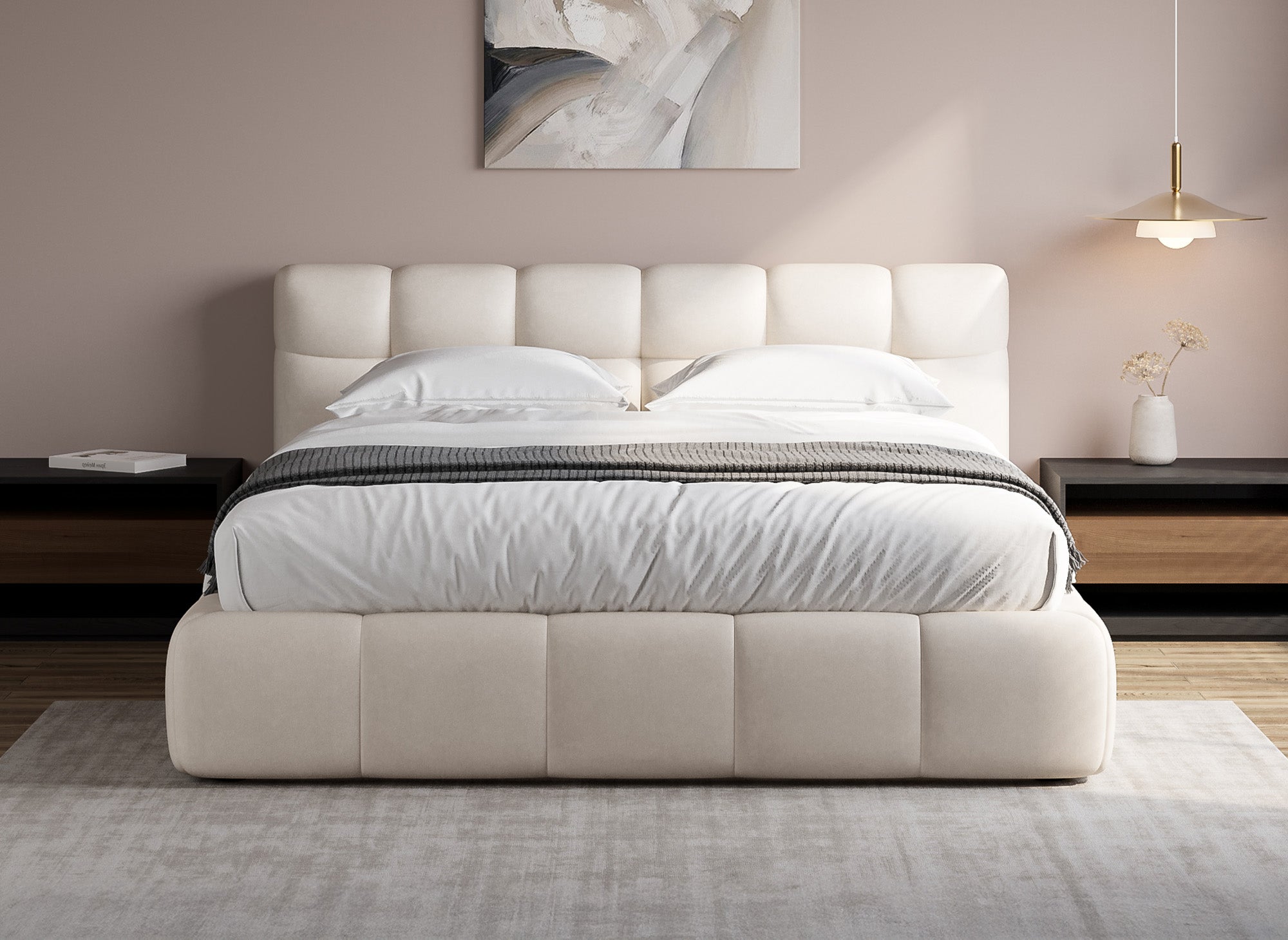 Cama doble GEORGINA de terciopelo beige, 140 x 190 cm