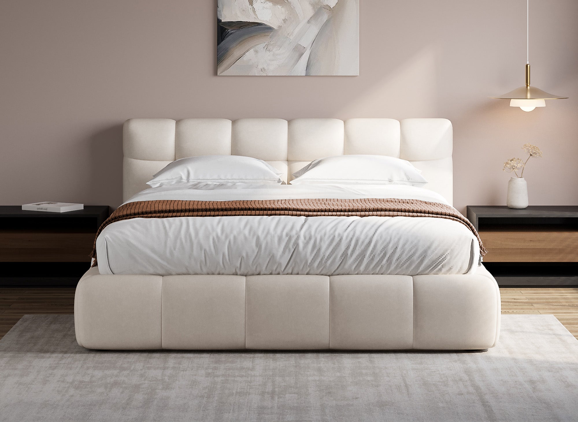 Cama con almacenaje GEORGINA de terciopelo beige 180x200 cm