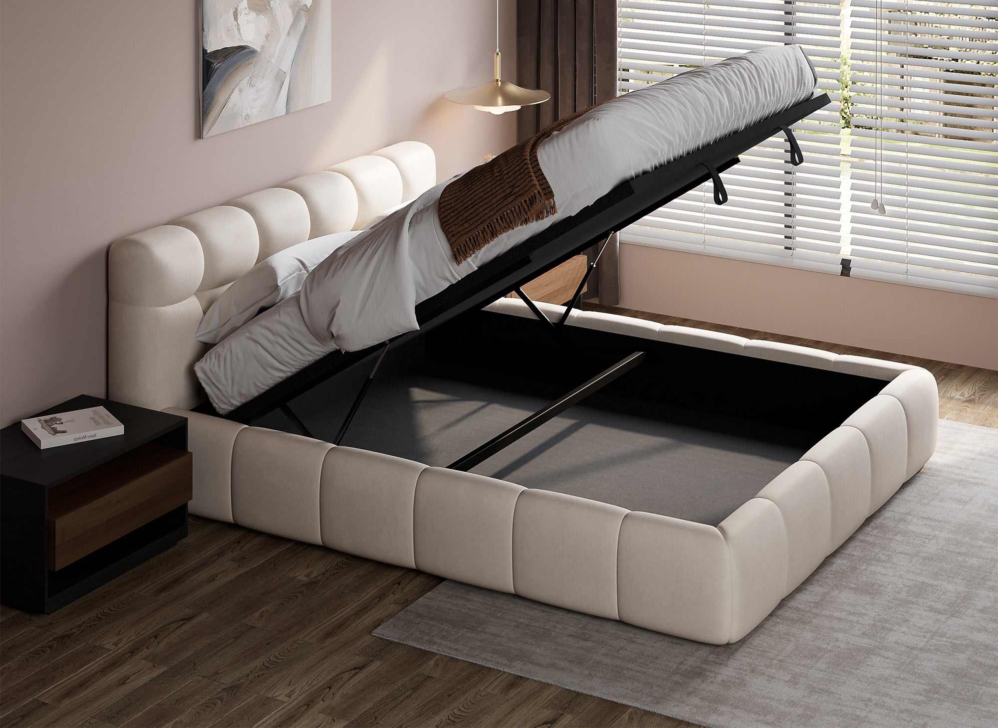 Cama con almacenaje GEORGINA de terciopelo beige 140x190 cm